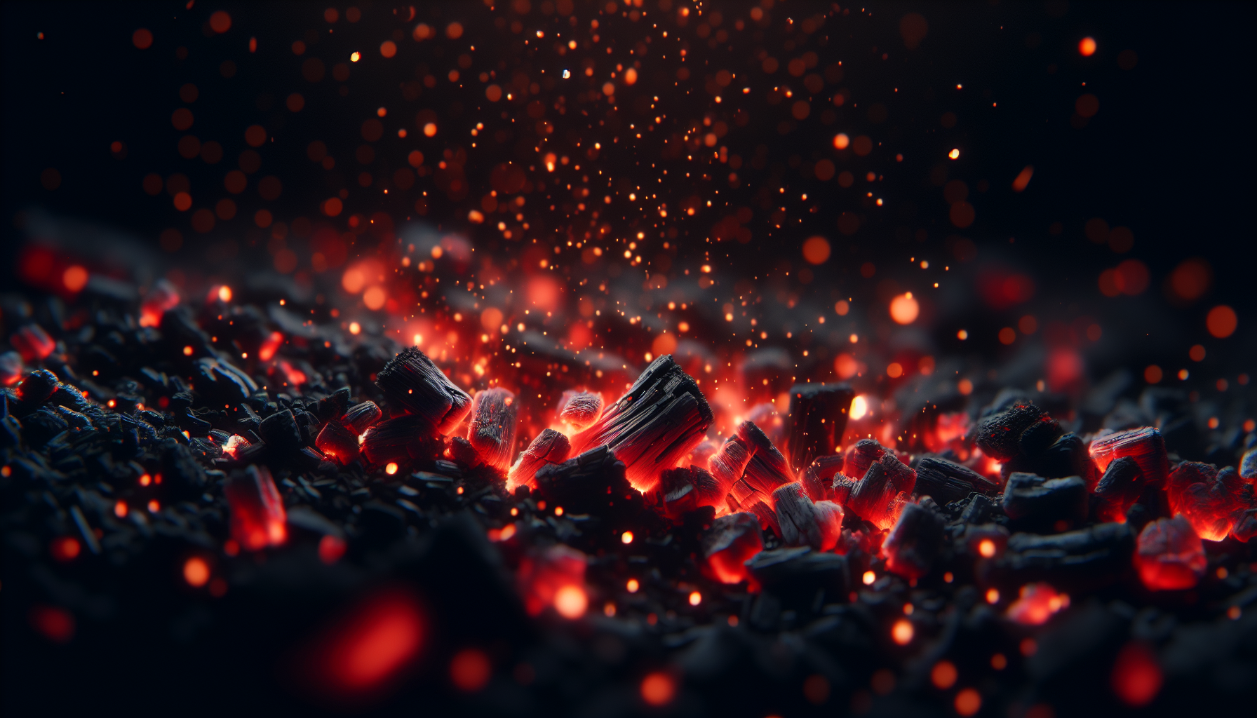 glowing embers floating in dark background, subtle sparks, black and red aesthetic, cinematic macro detail, soft motion blur, 16:9