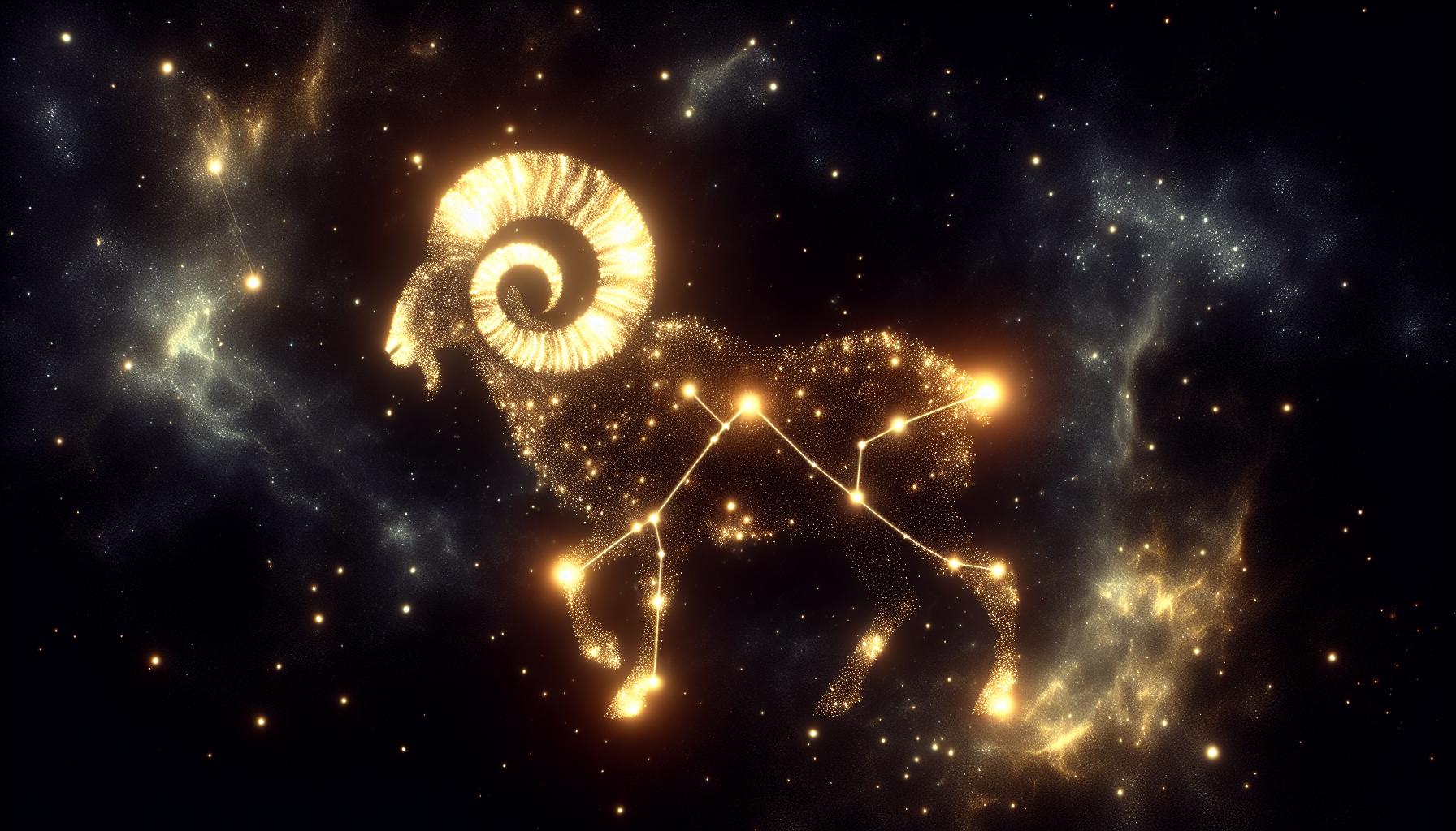 ram-shaped constellation made of golden fire particles, floating in dark cosmic space, soft glow aesthetic, 16:9