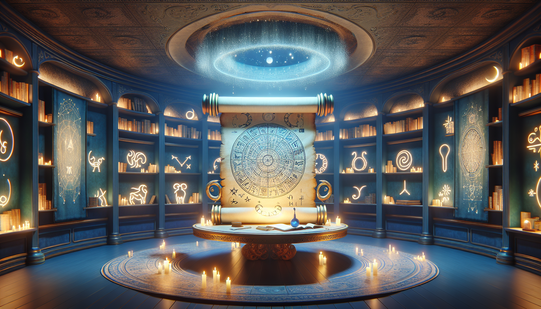 mystic library filled with celestial charts and glowing Aries scroll, atmospheric lighting, 16:9