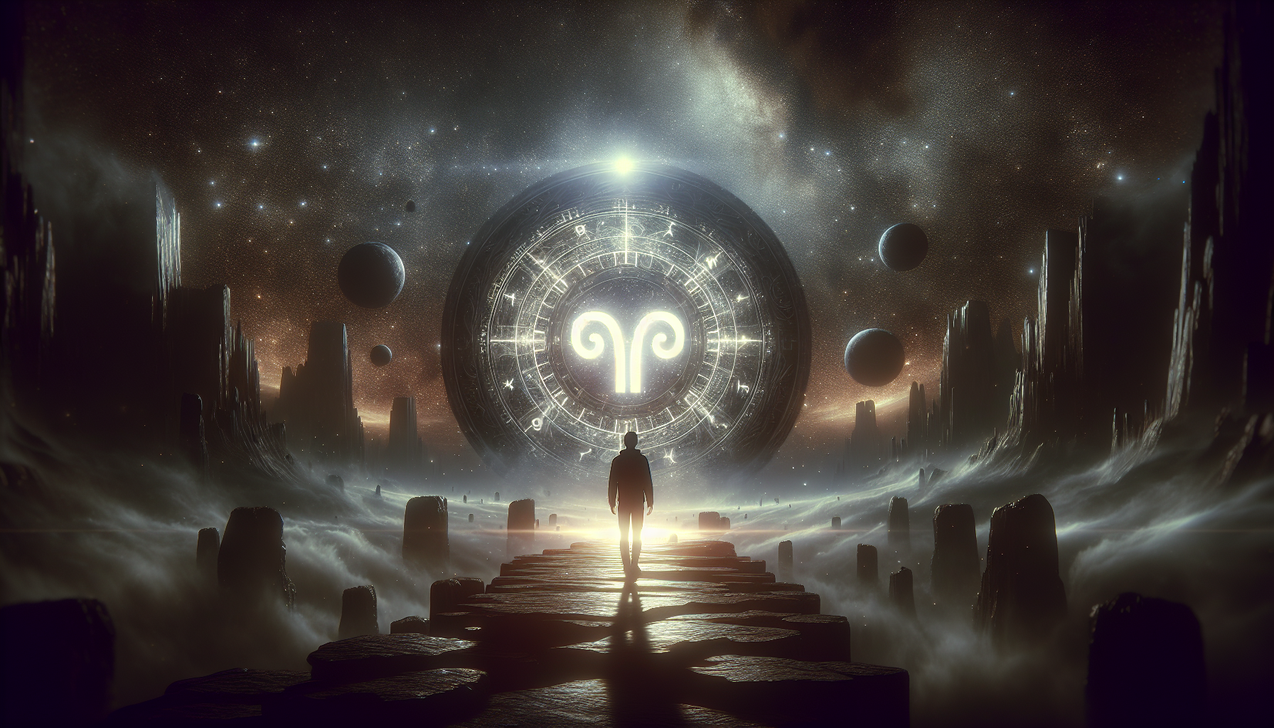 silhouette of person standing on floating stone platform facing cosmic Aries gate, cinematic scale, 16:9