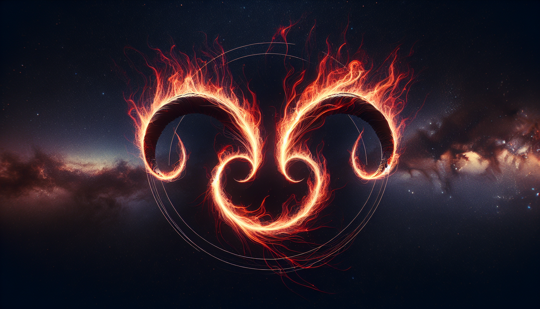 fire trails forming Aries horns in space, minimalist but powerful energy aesthetic, 16:9