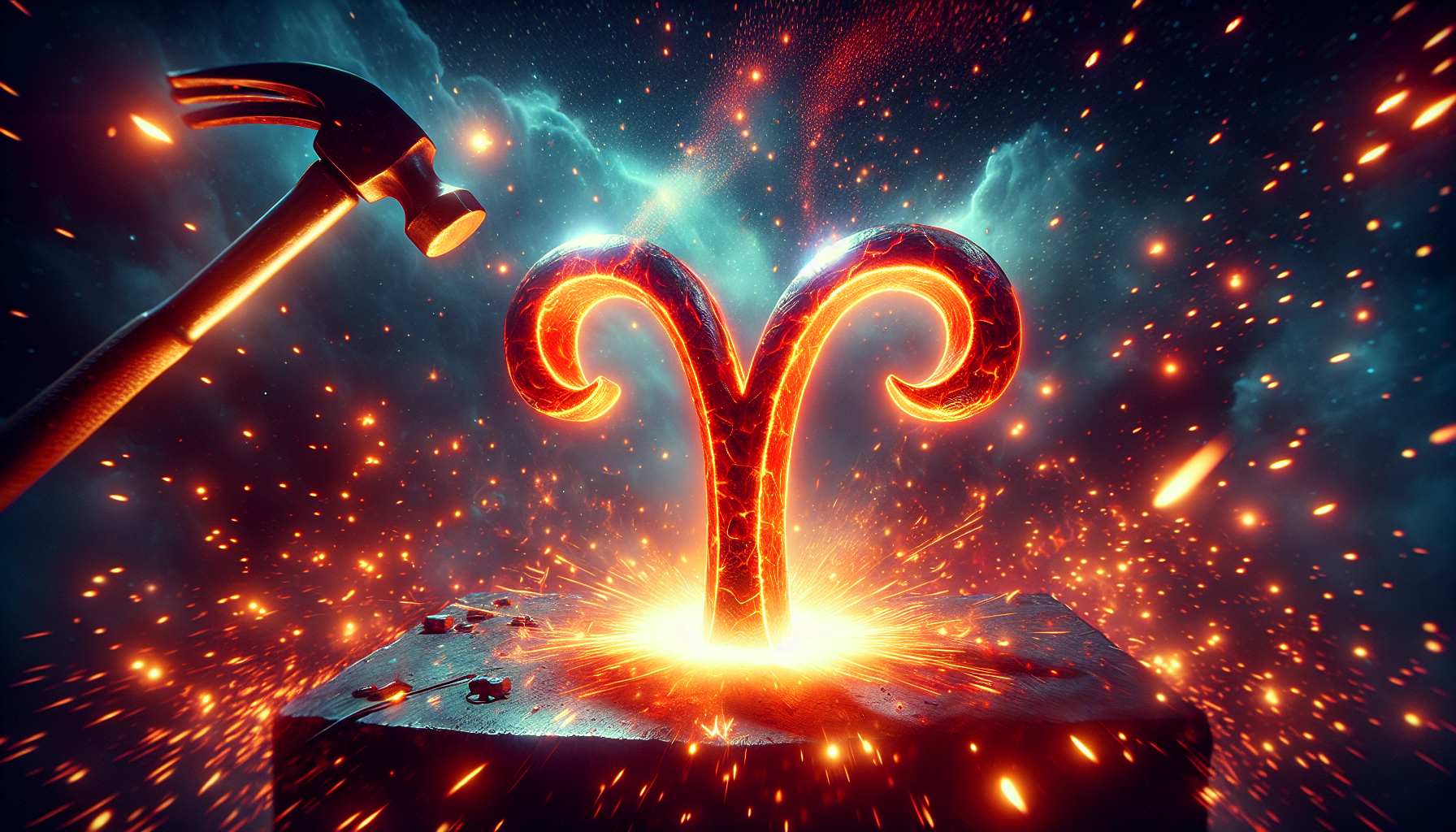 Aries symbol forged in molten fire, hammer sparks flying, destiny aesthetic, 16:9