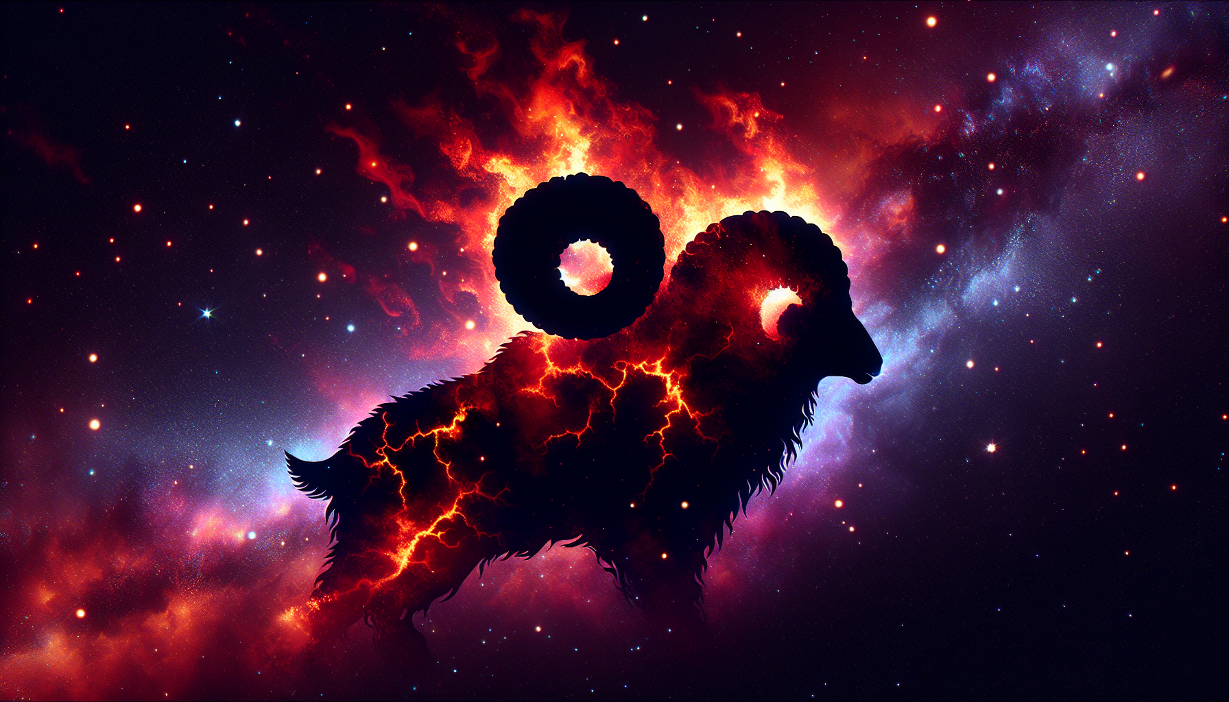 ram silhouette made of molten lava and stars, cosmic leadership representation, 16:9
