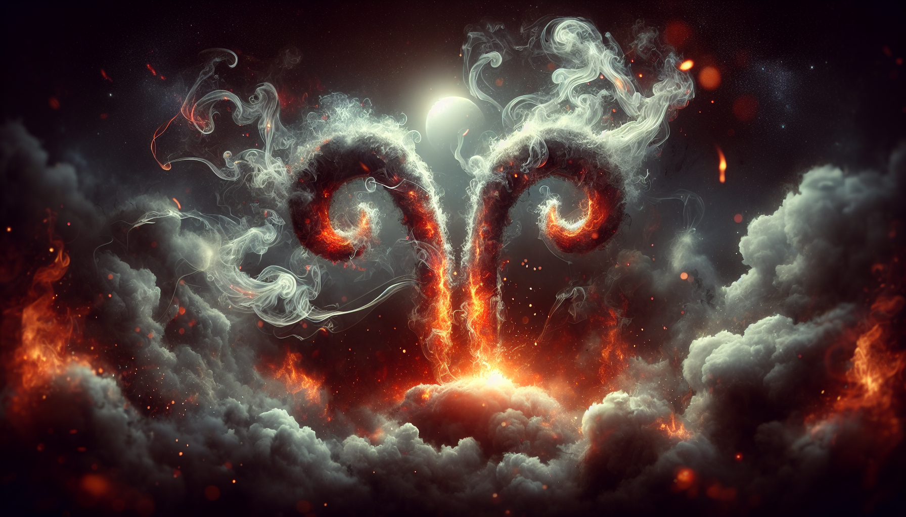 Aries symbol emerging from fire and smoke, mystical energy, dark fantasy aesthetic