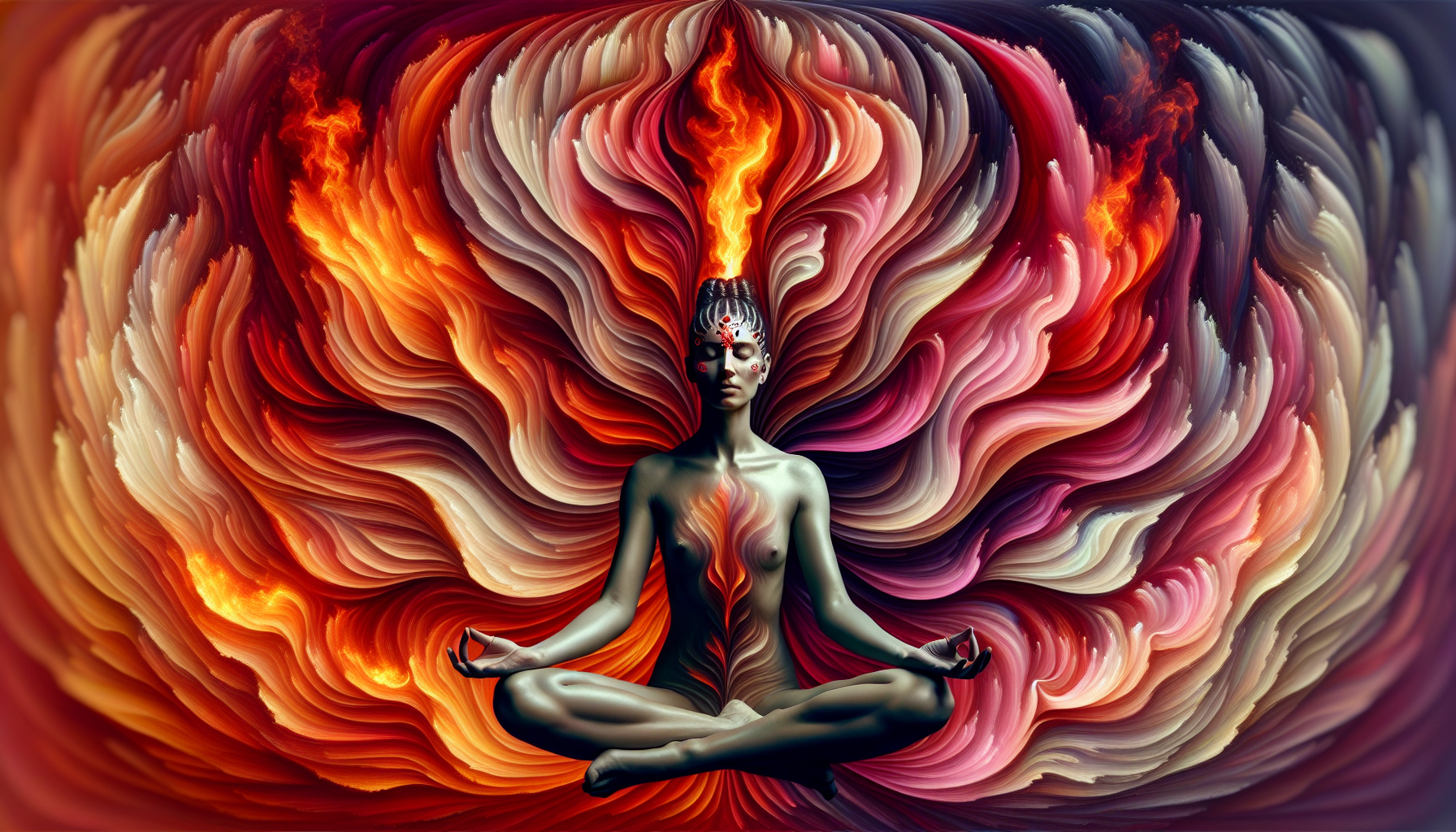 fire turning into petals around a calm figure, emotional rebirth aesthetic