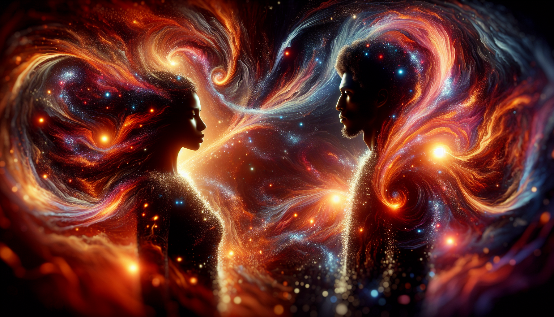fire and starlight swirling around a couple, symbolizing soul connection