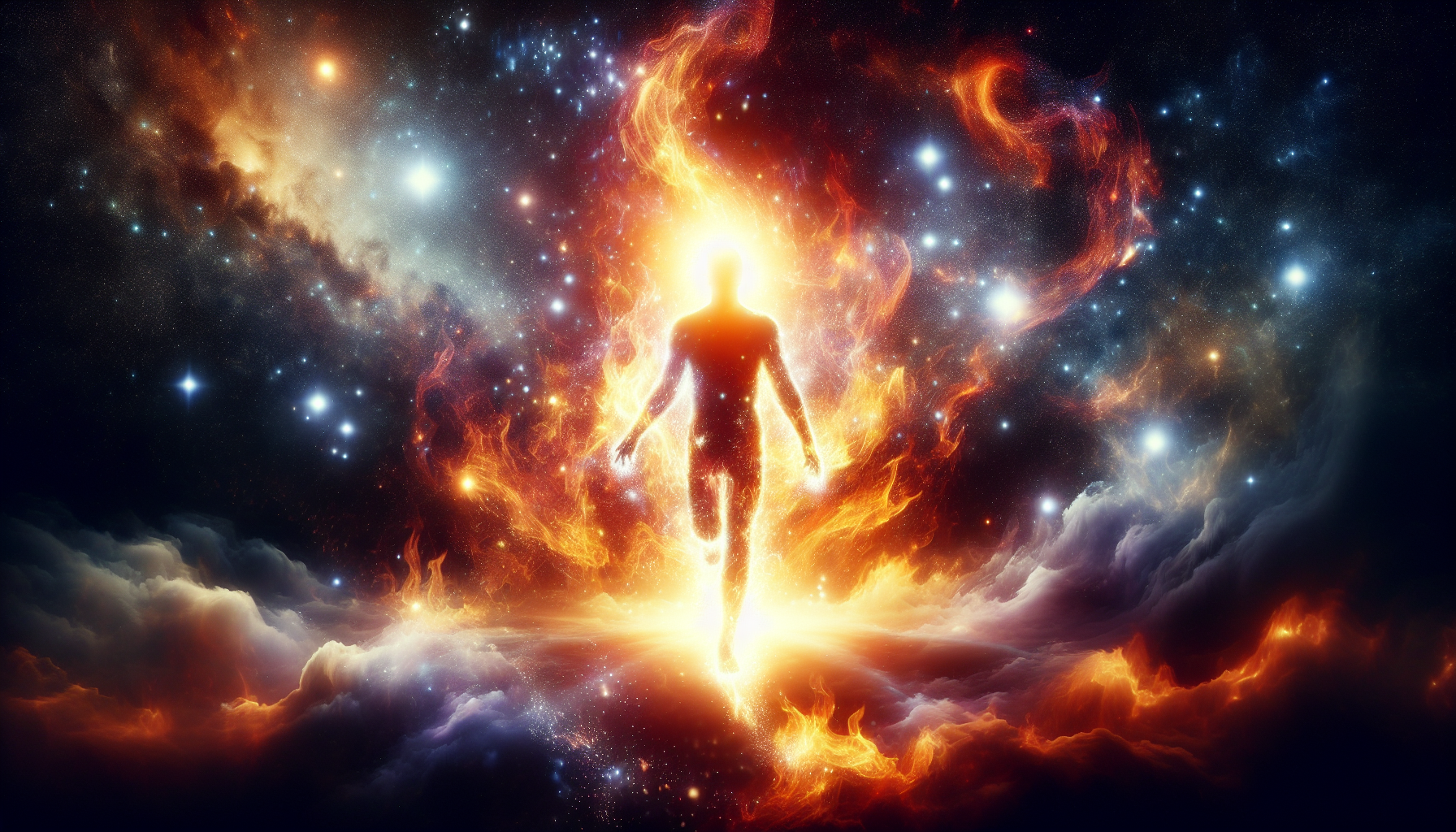 glowing figure walking out of cosmic flames, rebirth and courage