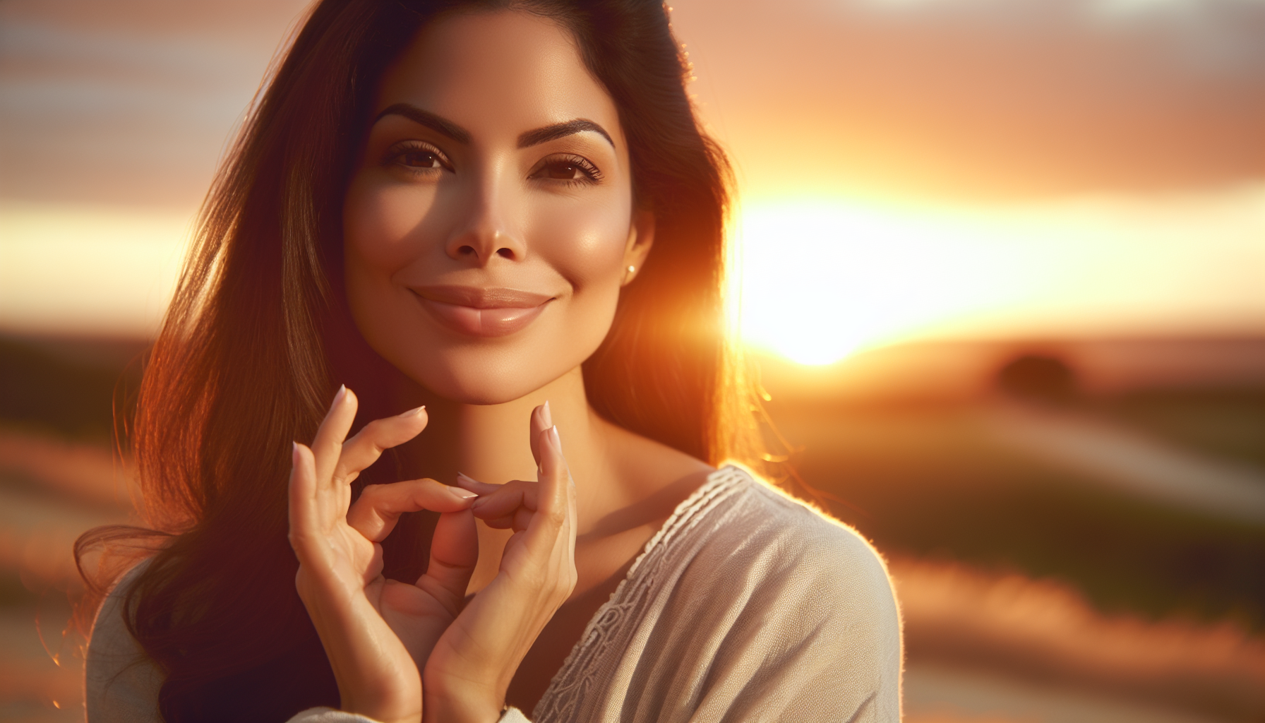 Aries woman smiling peacefully under soft sunrise light