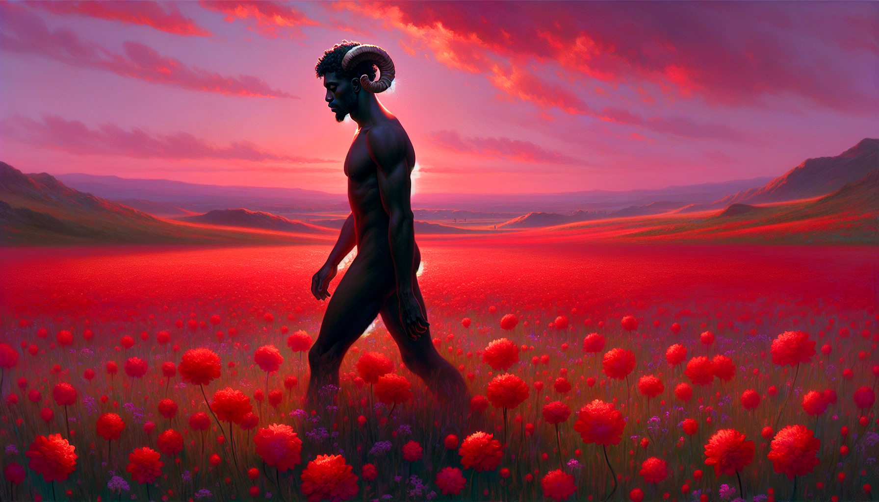 Aries walking barefoot through field of glowing red flowers at dawn