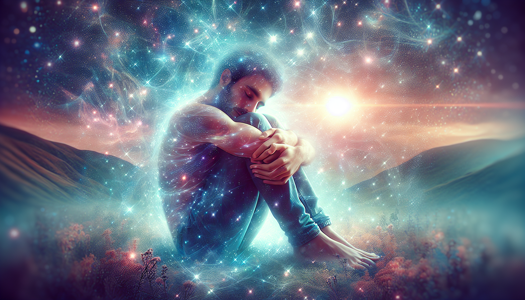 self-hug glowing with cosmic aura, self-love and acceptance symbolism