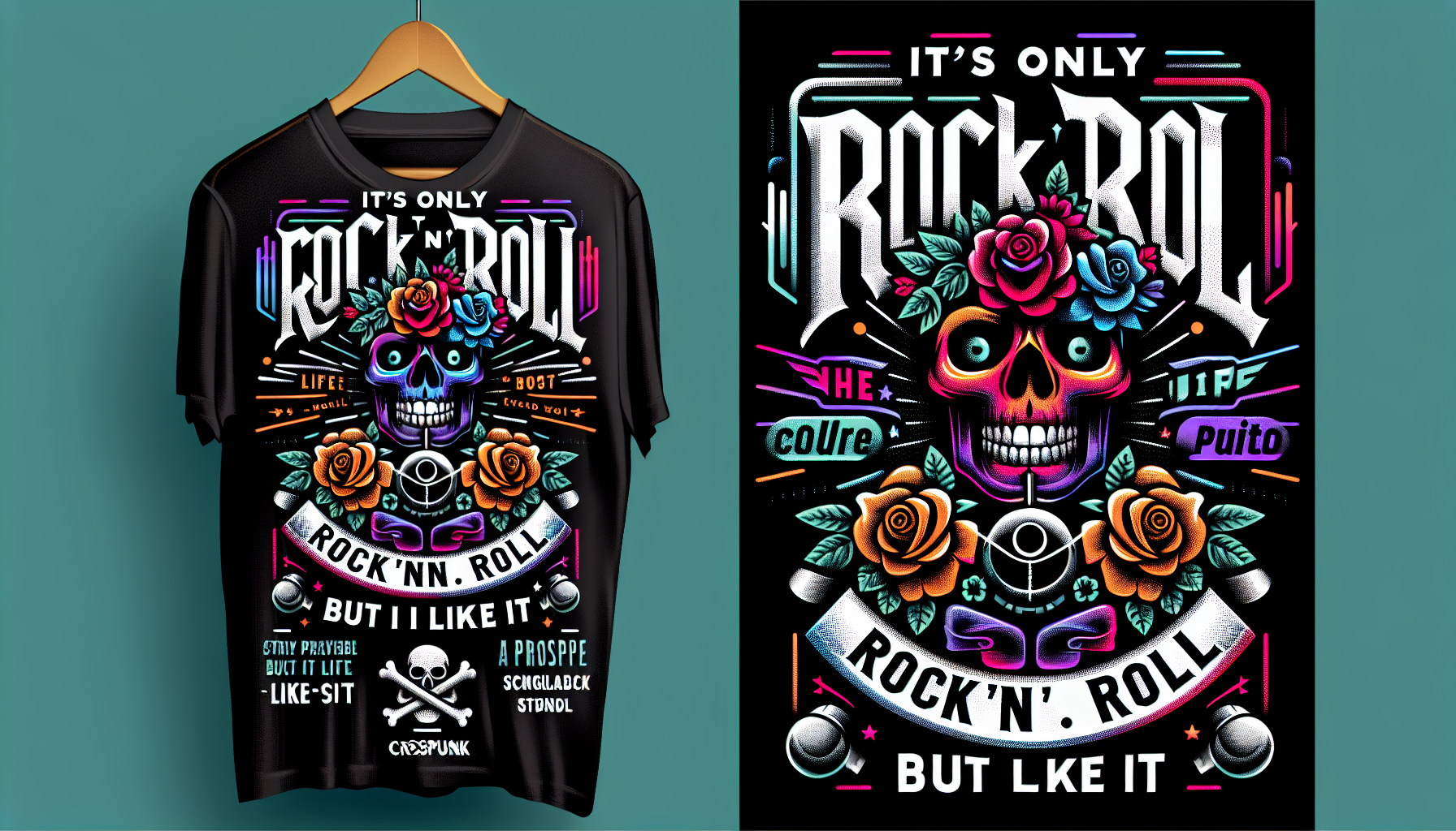 looking for outlandish t-shirt designs for my Rock and Roll Niche.  Colors should be bold, NO skull or crossbones in the image, and insert a profound but appropriate life quote.