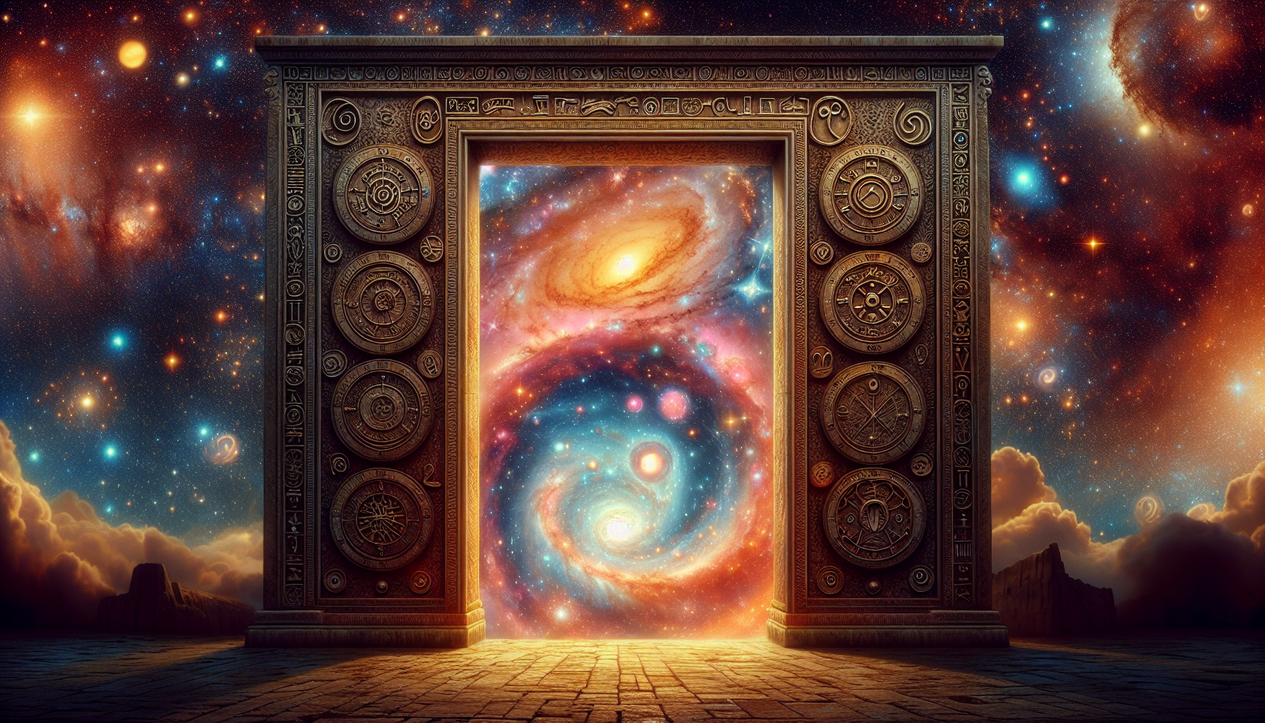 An ancient gate with zodiac engravings opening to a bright cosmic revelation.