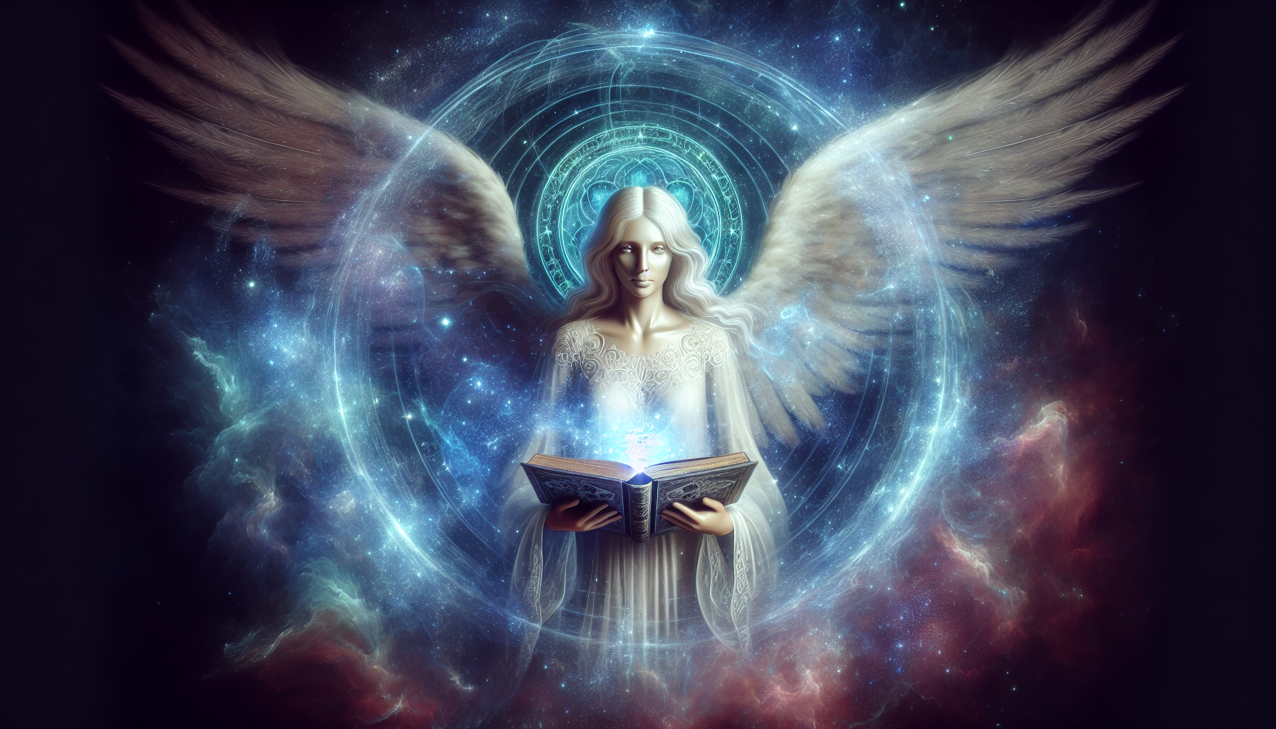 An angelic guide holding a cosmic book titled “Hidden Truths.”
