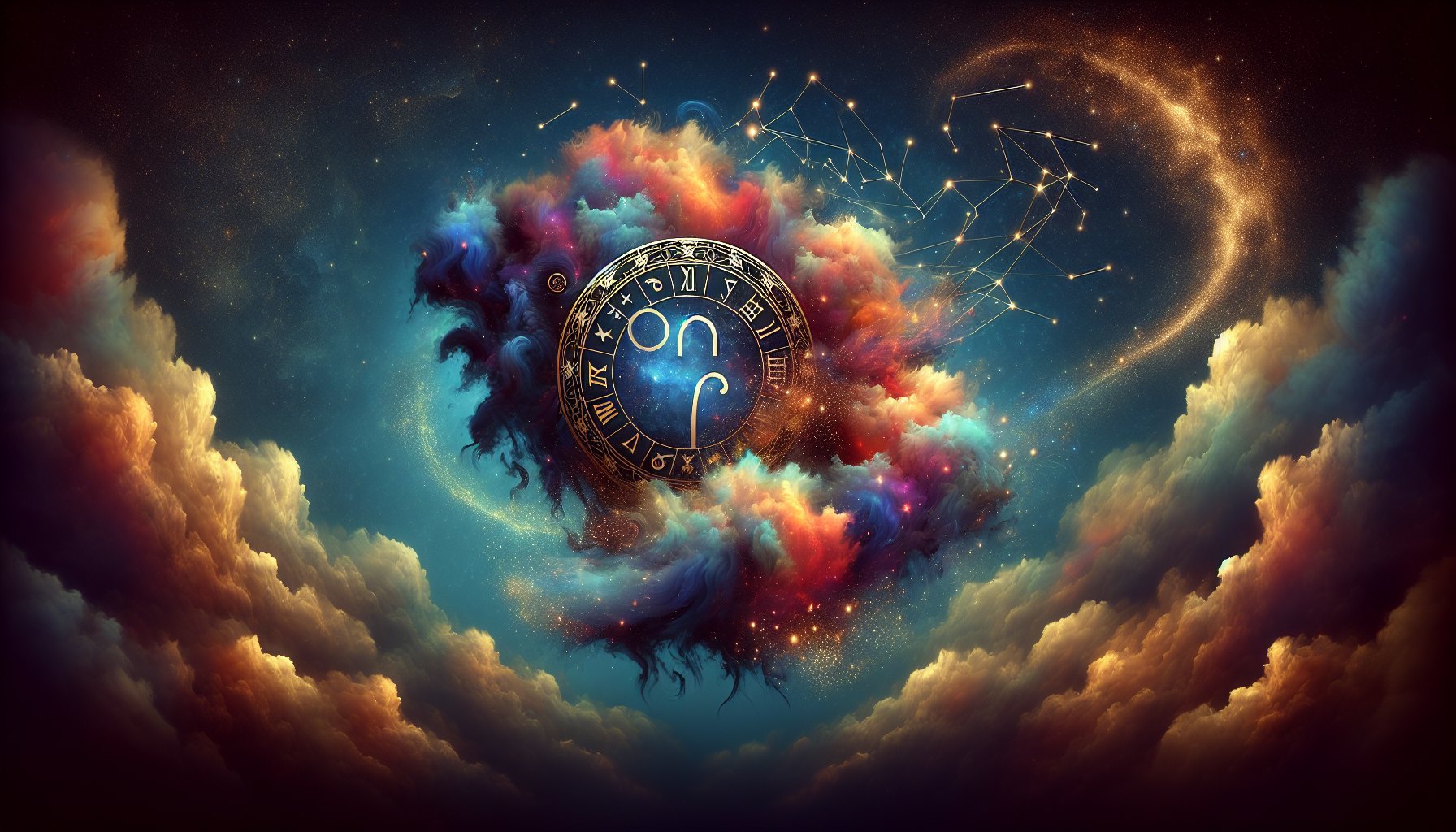 A celestial storm forming around the Aries zodiac wheel.