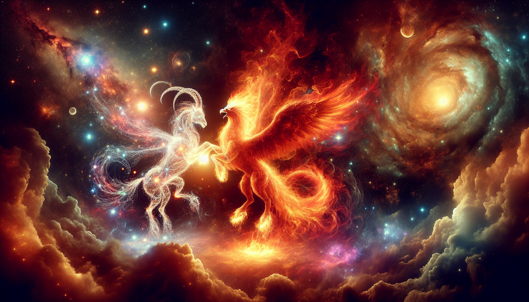 A fire phoenix and a ram merging energies in the cosmos.