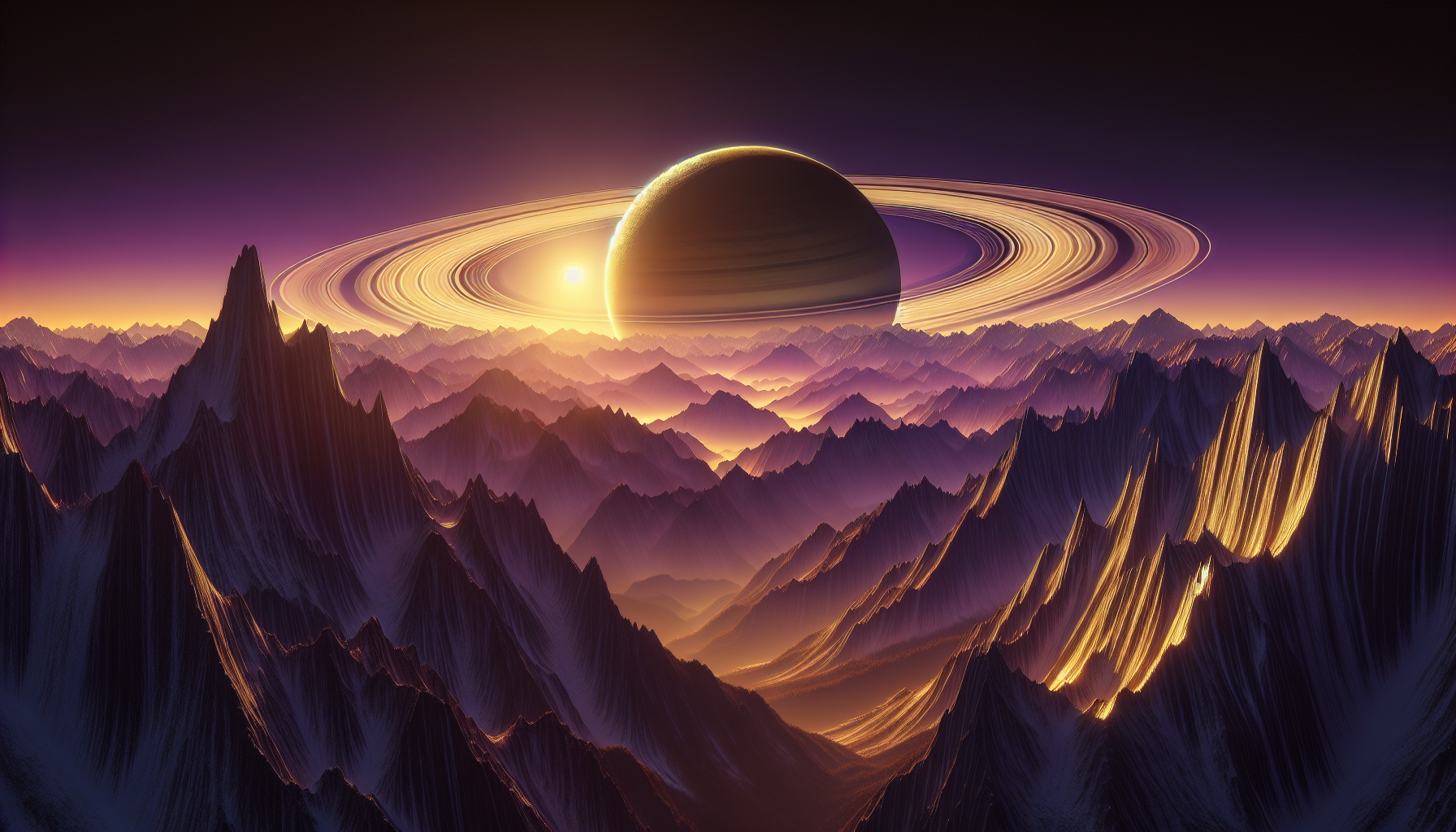 A golden Saturn rising over a mountain range symbolizing discipline and focus