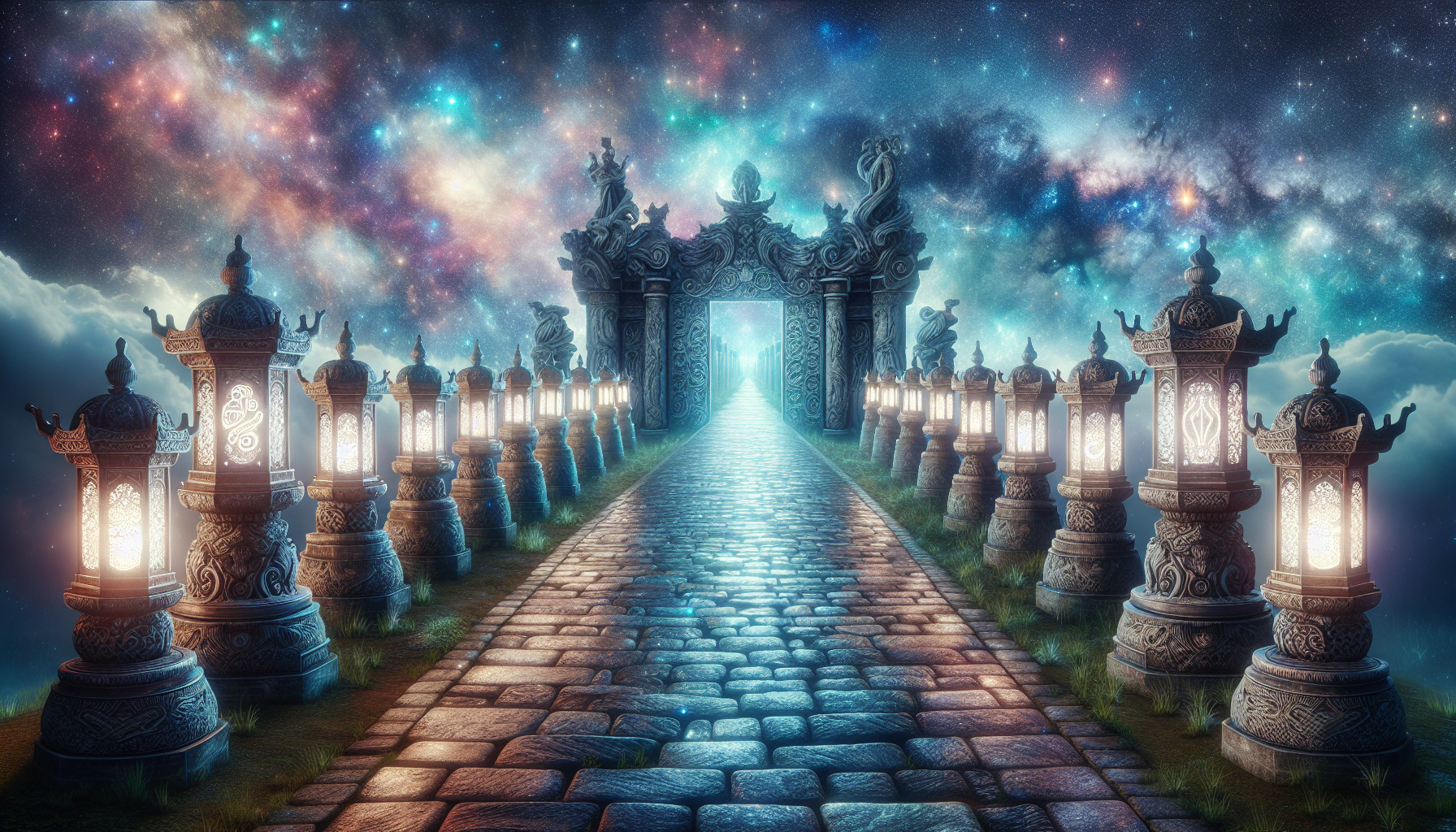 A stone pathway lined with zodiac lights leading to a cosmic gate