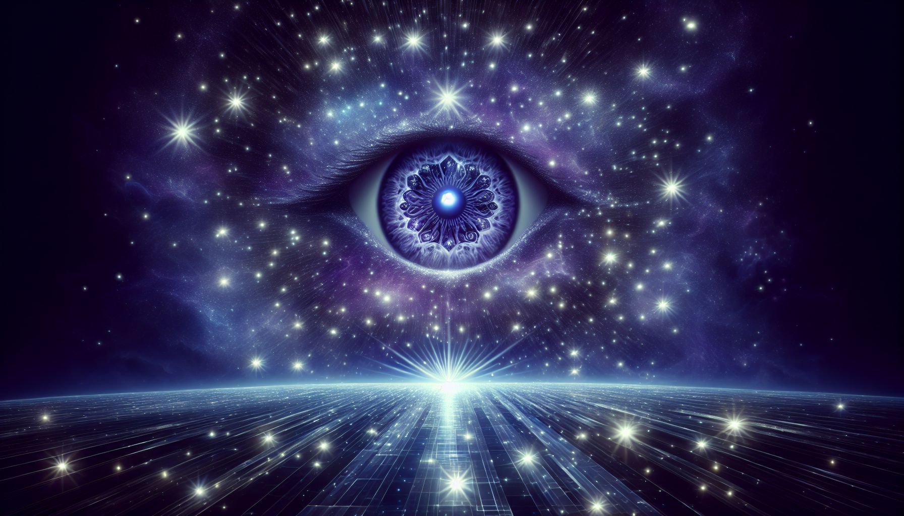 A glowing third eye opening under a field of stars