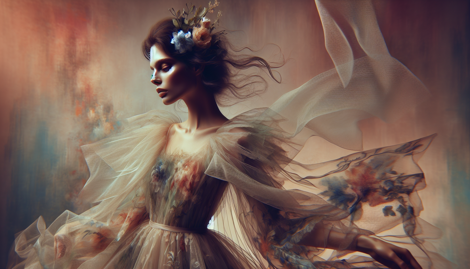 Inspired by the styles of Berthe Morisot, Louis Royo, Pino Daeni, Michael Garmash, and Sam Toft. The image depicts a beautiful woman with delicate and expressive features, portrayed with great realism, wearing a long, multi-layered dress with a torn and ethereal appearance. The dress flows around her, with transparencies and textures that gently capture the light. The brushstrokes are visible and textured, lending dynamism and depth to the background, which is diffuse and in pastel tones, evoking a dreamy and romantic atmosphere. The lighting is warm and enveloping, highlighting the details of the face and dress, while the surroundings suggest an intimate and artistic space, with nuances of melancholy and elegance.