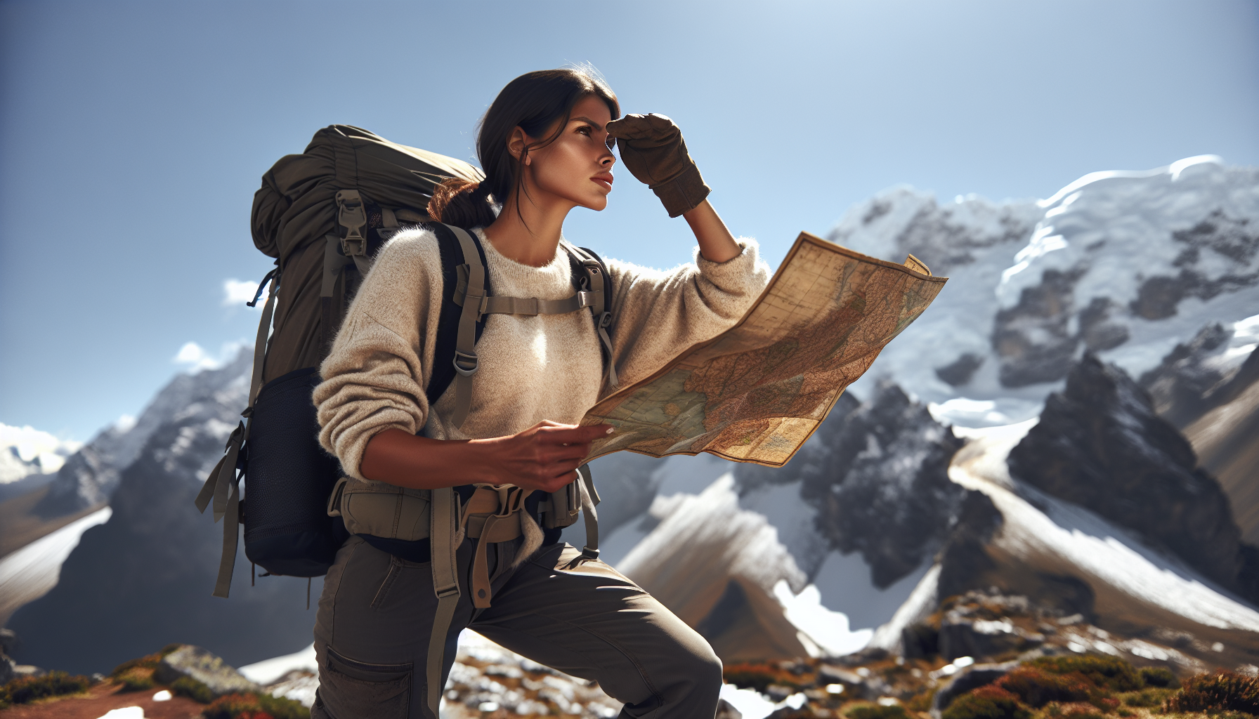 A determined traveler looking toward the summit, holding a map.