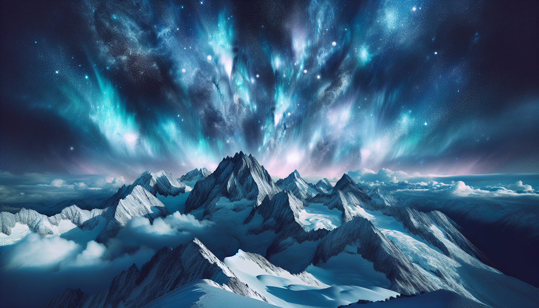 Snow-covered peaks under cosmic aurora in shades of indigo and silver