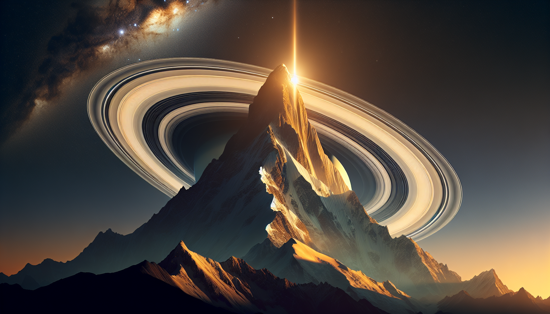 Majestic mountain merging with Saturn’s ring system