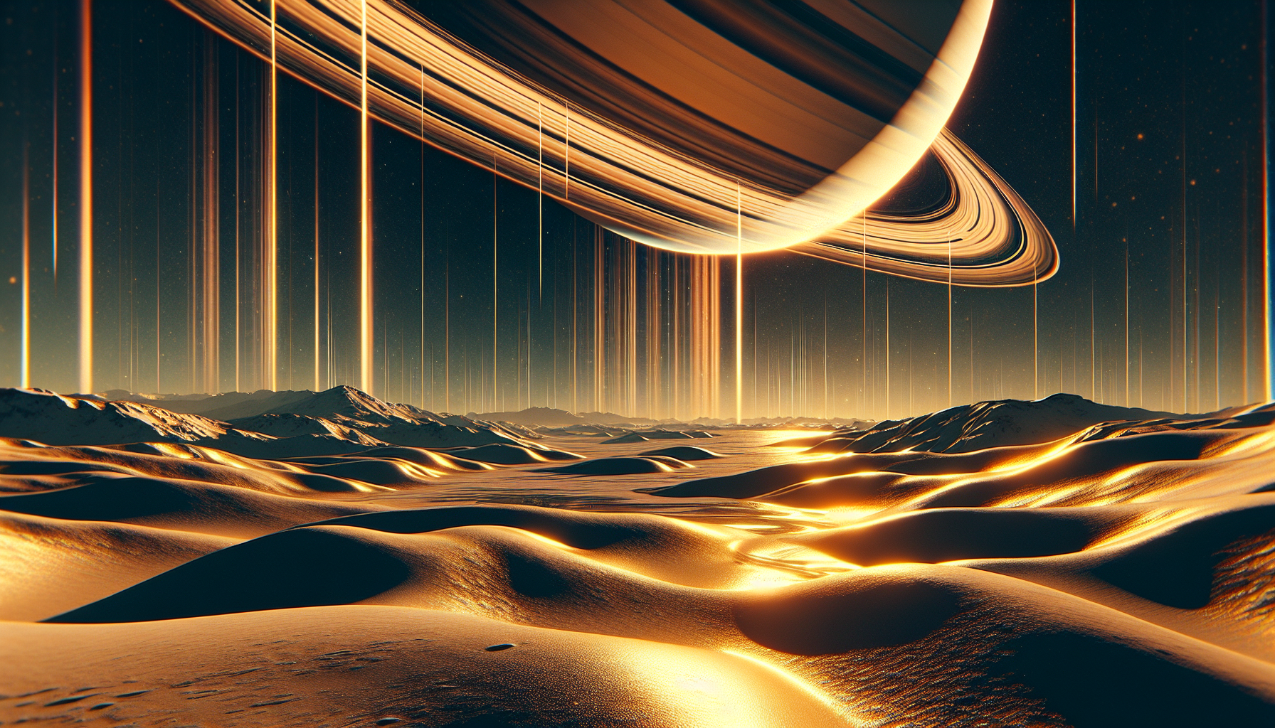 Saturn’s golden rings creating ripples of light on snowy terrain