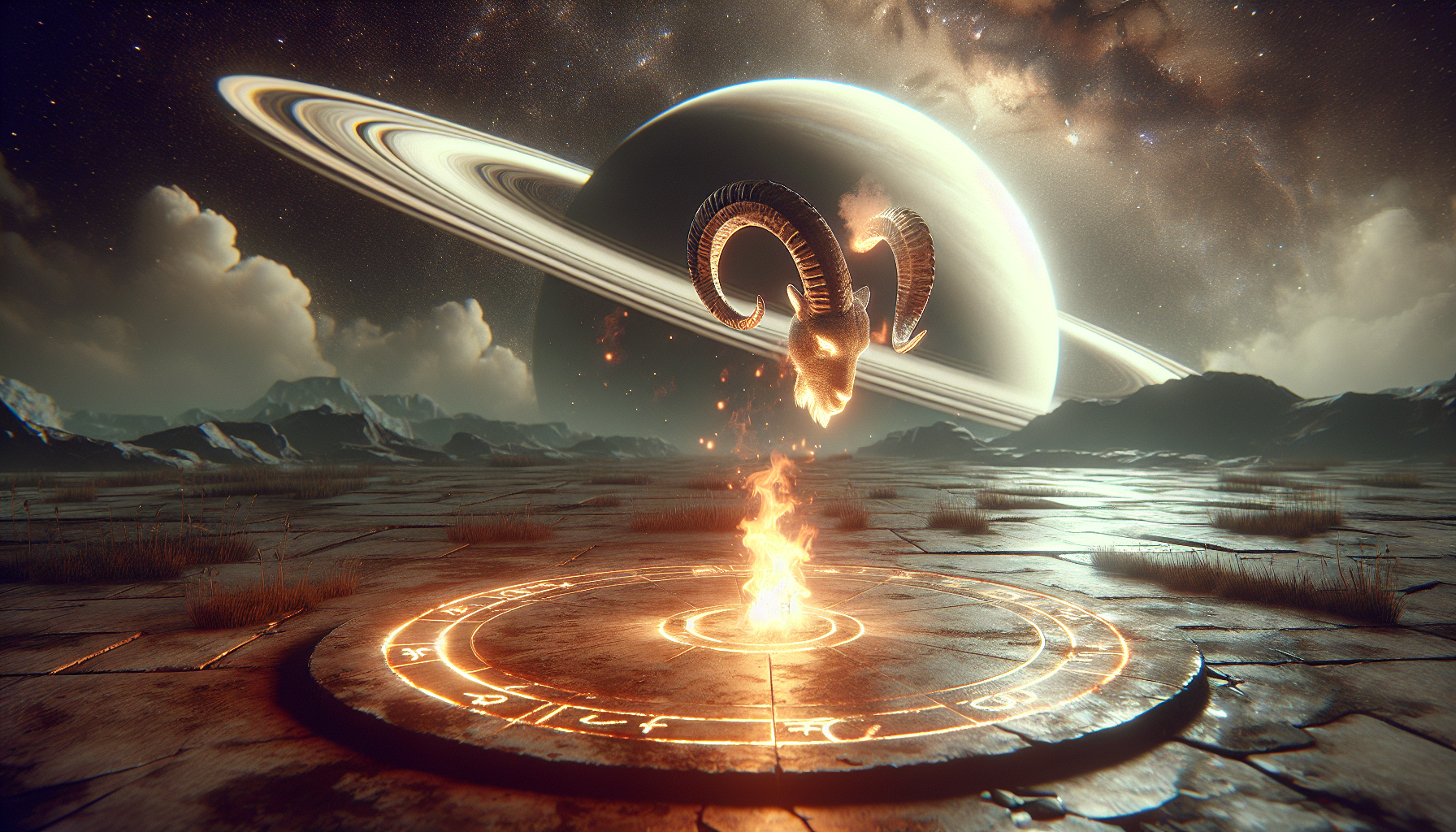 Capricorn glyph burning softly on a stone altar under Saturn