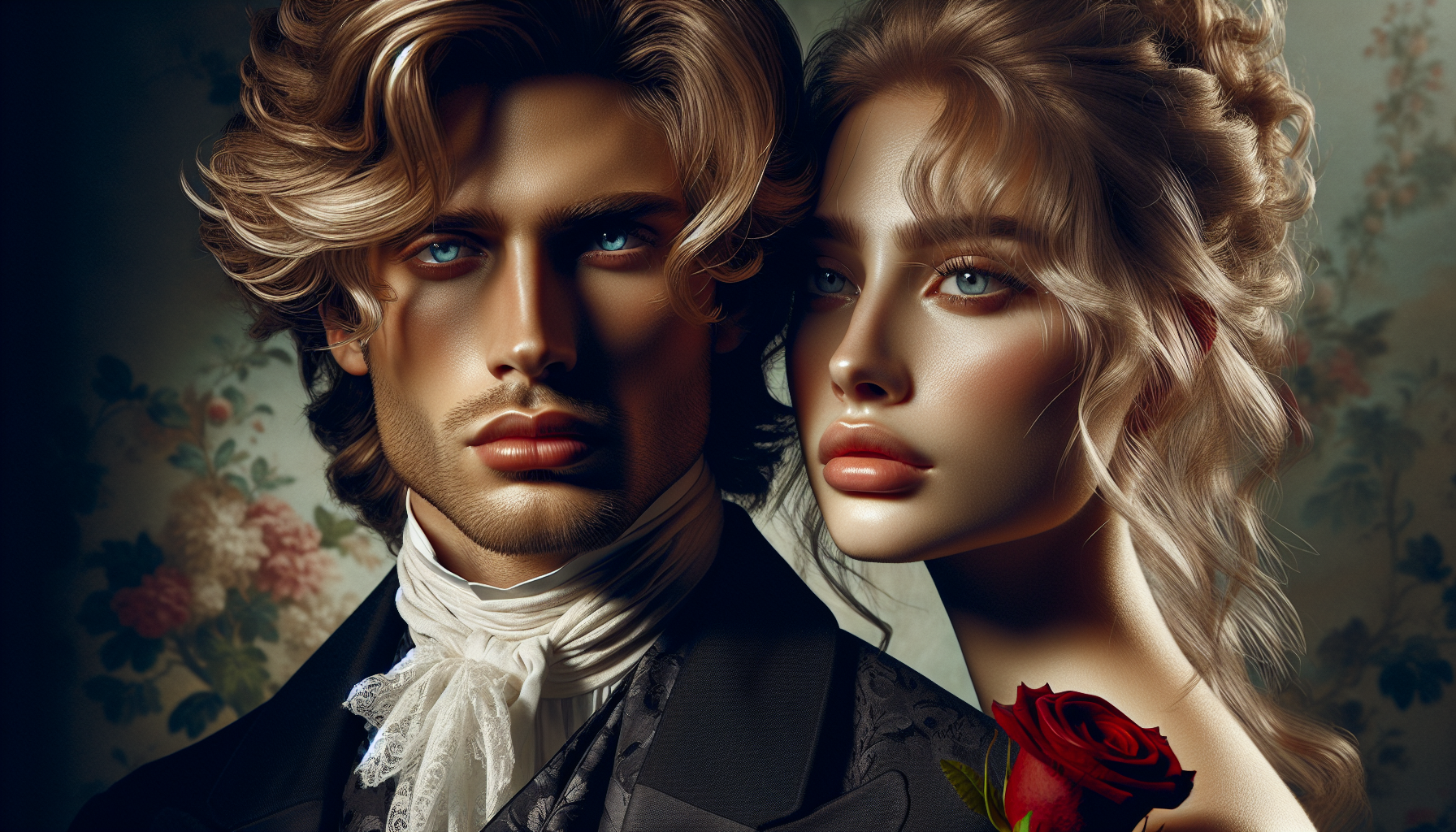  close-up of a handsome young man with wavy golden blonde hair, icy blue eyes, perfect smooth skin, chiseled face, full lips, wearing a black Victorian suit with a white cravat, holding a red rose, looking intensely at a beautiful blonde woman with blue eyes, she wears a flowing red dress, gazing at him lovingly, emotional romantic atmosphere, soft floral background, dramatic natural lighting, ultra-detailed textures, semi-realistic AI style, cinematic mood –v 6 –ar 16:9 –style raw –q 2 –s 500 –uplight