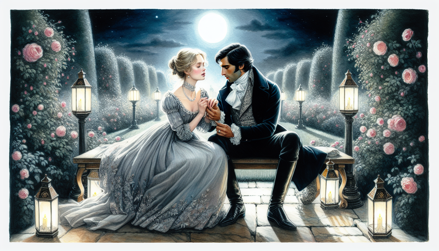  The scene takes place at night , under the soft light of the moon and lanterns delicately scattered around the garden. Eleanor and Benedict are at the center of the image, on a marble bench surrounded by rosebushes in full bloom.

Benedict holding Eleanor's hand tenderly while placing a gentle kiss on her skin. Your gaze is intense, filled with love and devotion, and he wears an elegant 19th century aristocratic costume, with a dark tailoring coat and a white shirt with fine details.

Eleanor,  A blond woman, seems torn between surrender and hesitation. Her period dress, in soft tones like light blue or lavender, fades slightly with the night breeze. Her gaze is fixed on Benedict, her lips slightly parted , as if about to say something, but unable to find the words.


They're facing each other him kissing her hand