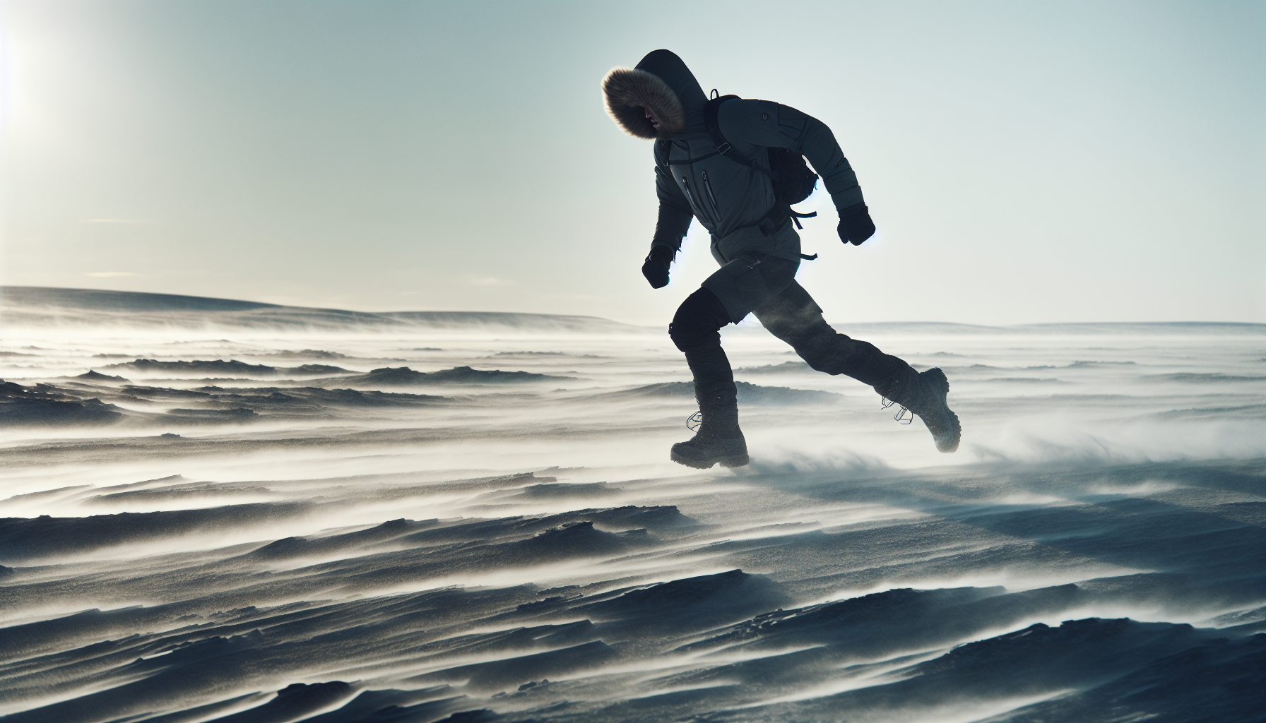 Man in modern cold-weather gear running on tundra, echo of ancient endurance, cinematic