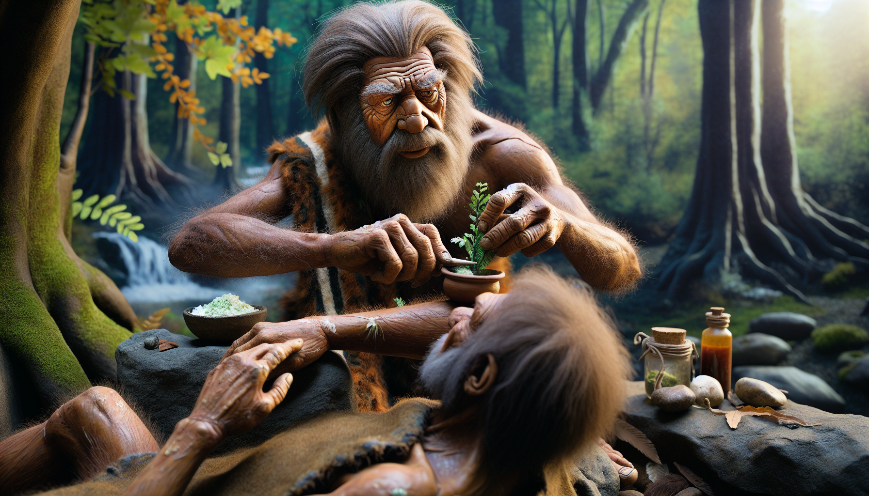 Neanderthal healer or elder applying plant poultice to wound, caring gesture