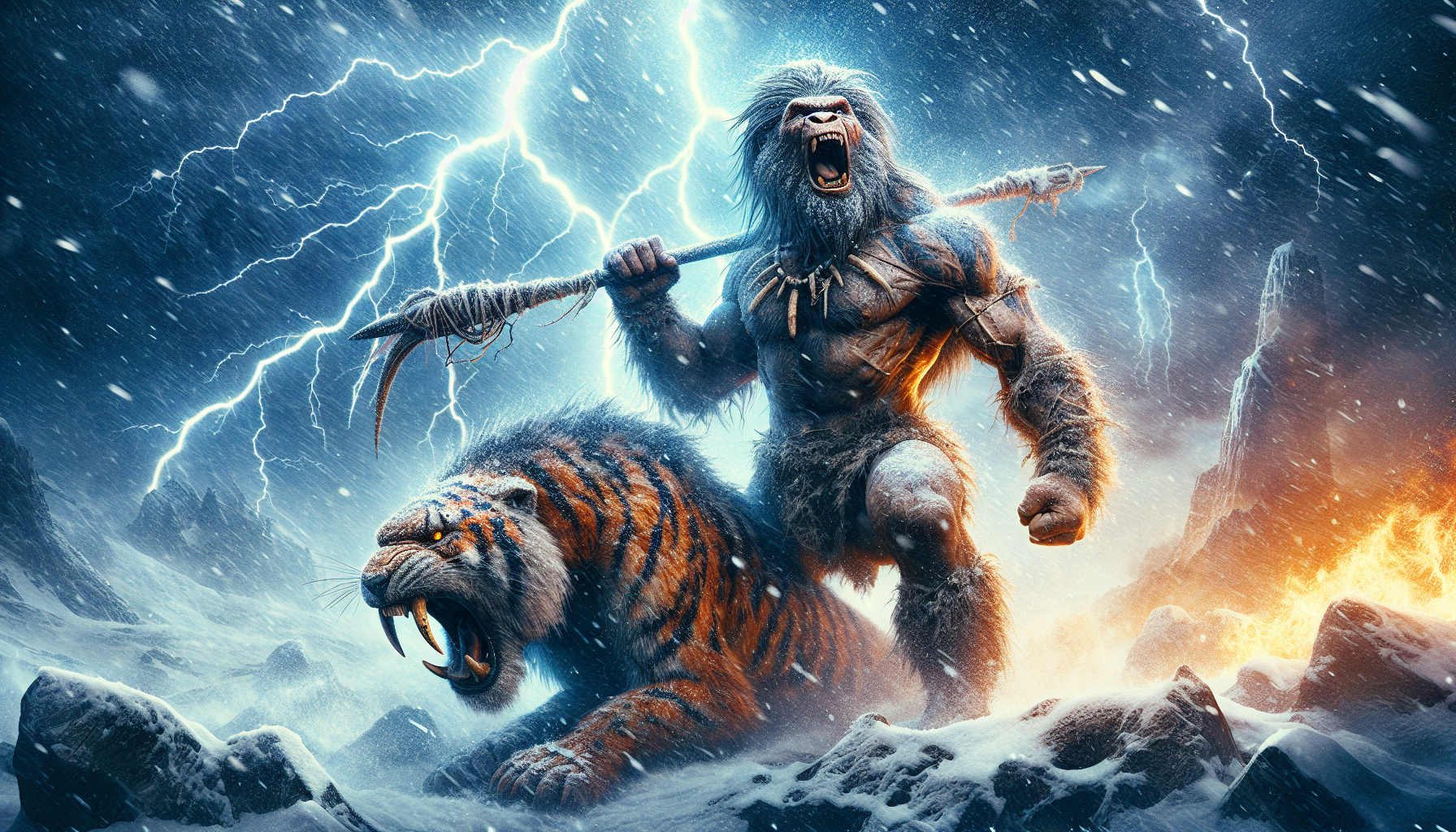 cinematic hyperrealistic scene, powerful neanderthal man roaring in the middle of an ice age storm, muscular body, holding a spear, standing over a fallen saber-toothed tiger, dynamic lightning in the sky, snow and wind, ultra detailed, epic atmosphere, 16:9 composition, dramatic lighting, highly detailed anatomy, blue and orange color contrast, in the style of a prehistoric fantasy illustration