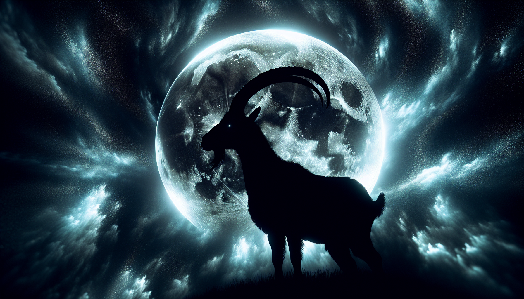 A close-up of a celestial goat silhouette standing under a full moon with dark clouds swirling.
