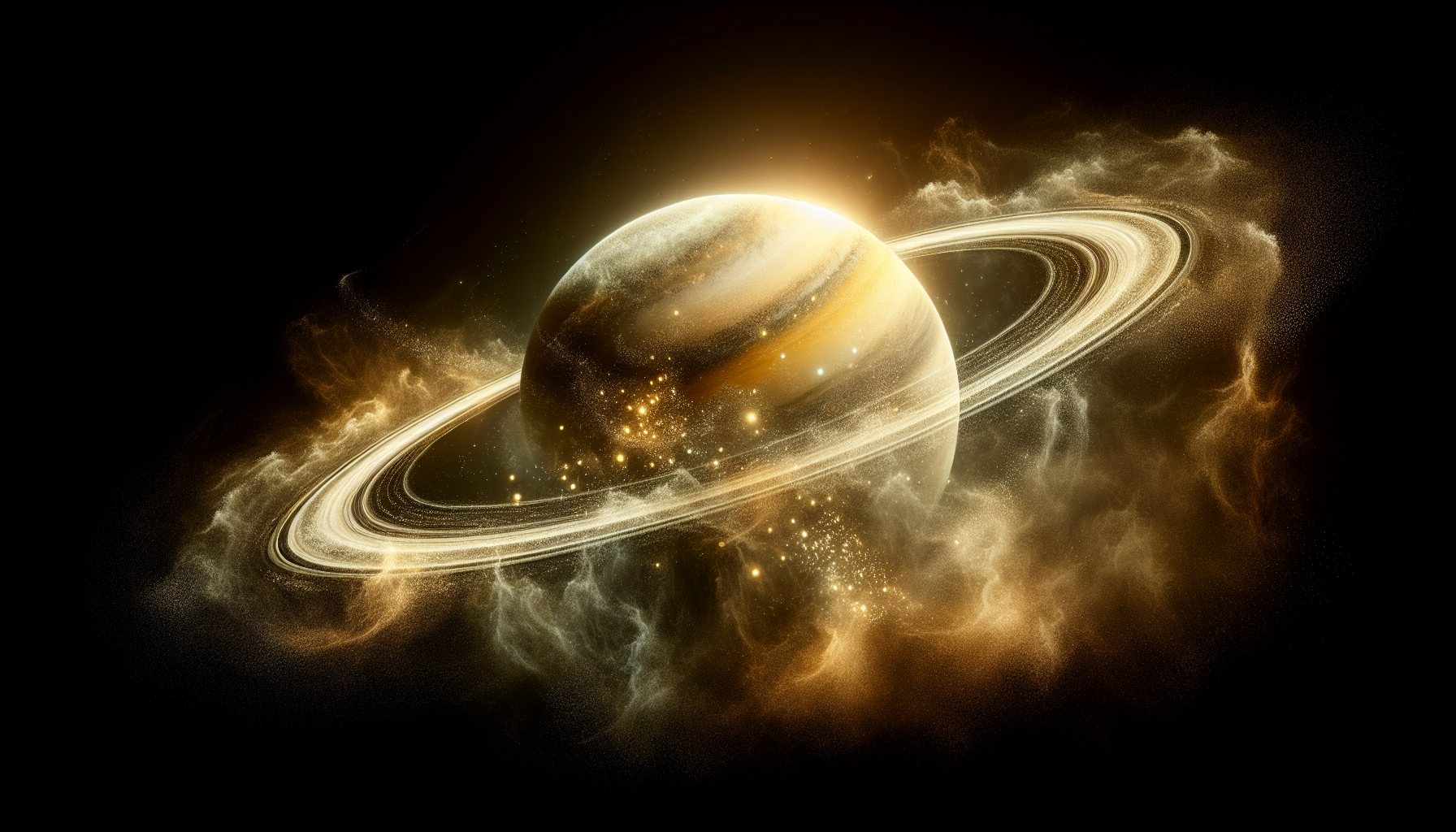A surreal vision of Saturn surrounded by soft golden light and cosmic dust.