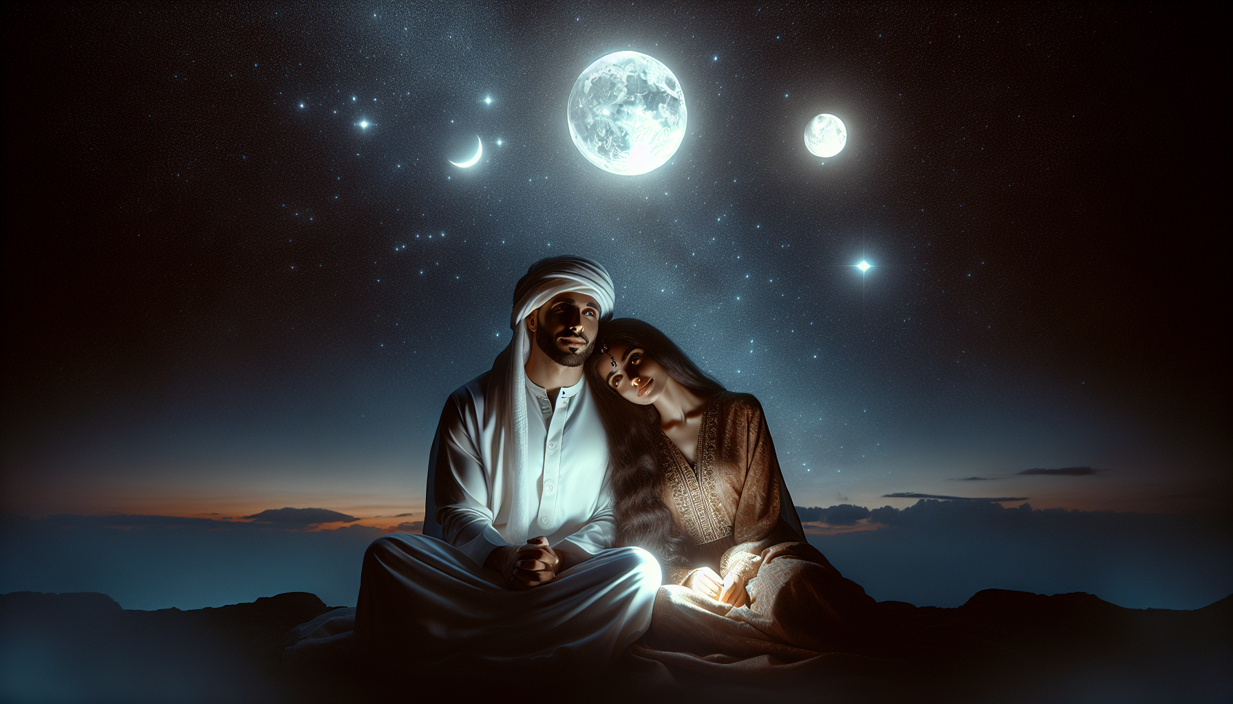 A couple sitting under the night sky, Venus and the Moon visible above them.
