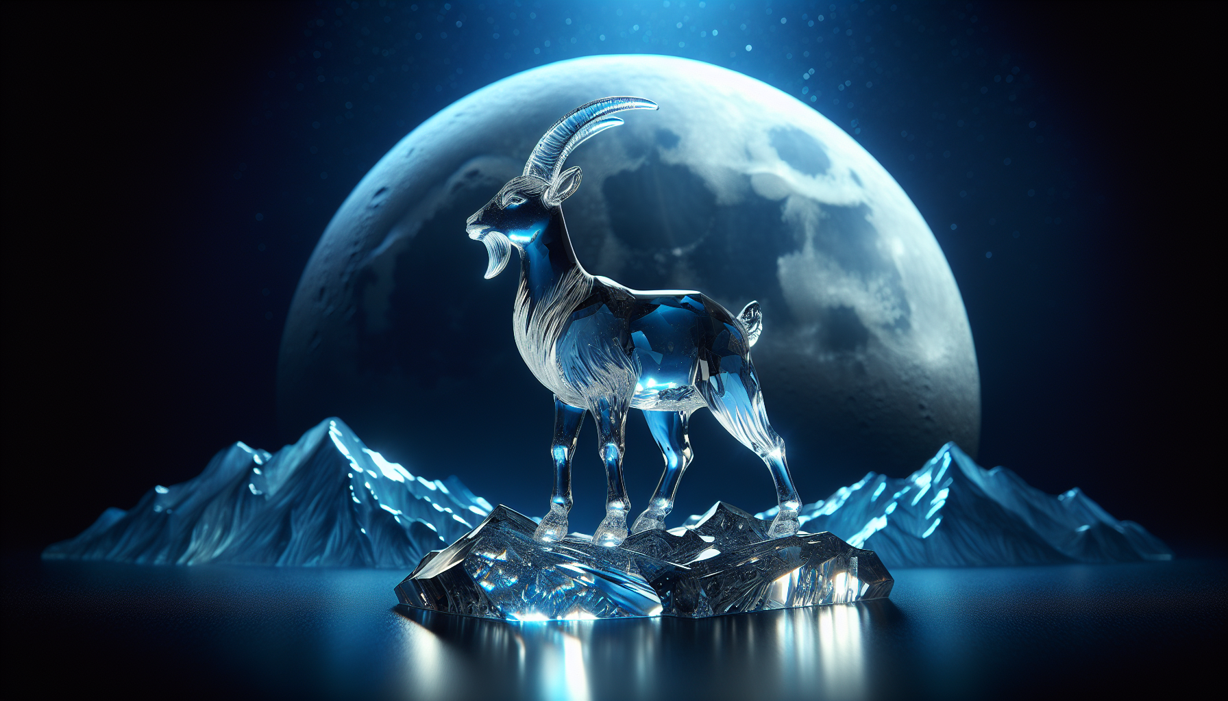 A crystal goat statue illuminated by dark blue moonlight.