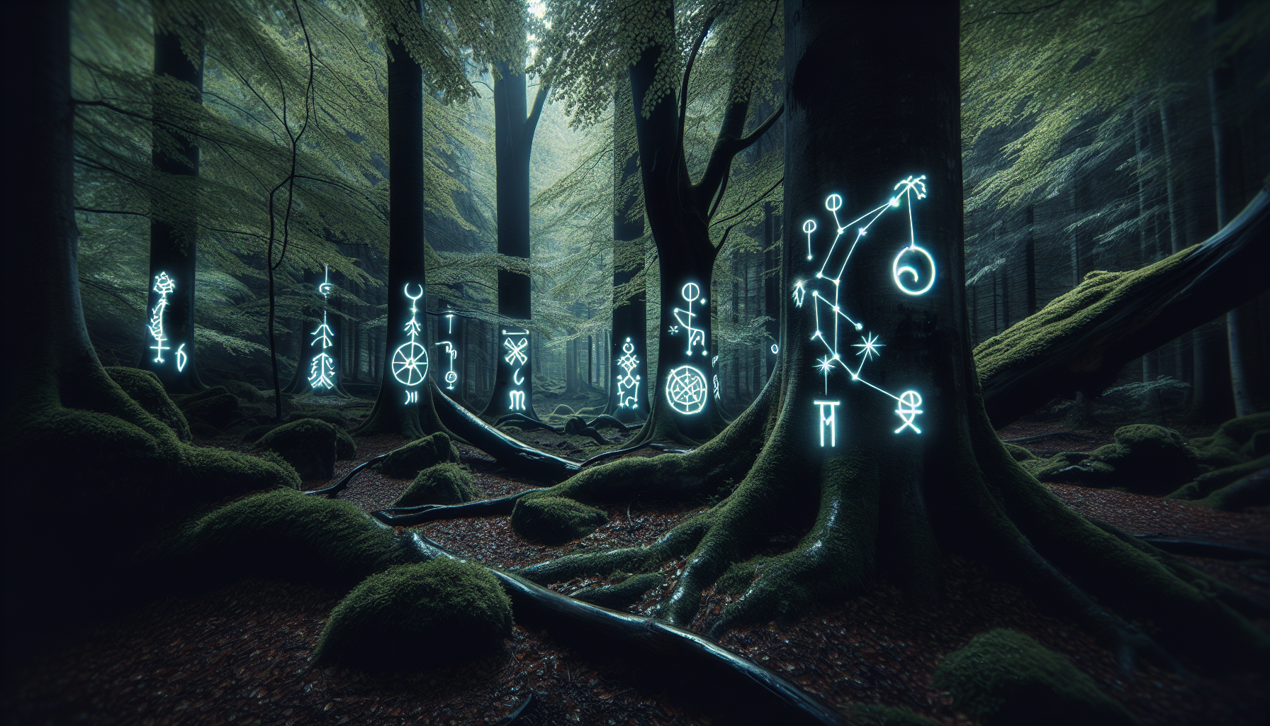 A dark forest with glowing runes marking Capricorn’s constellation.