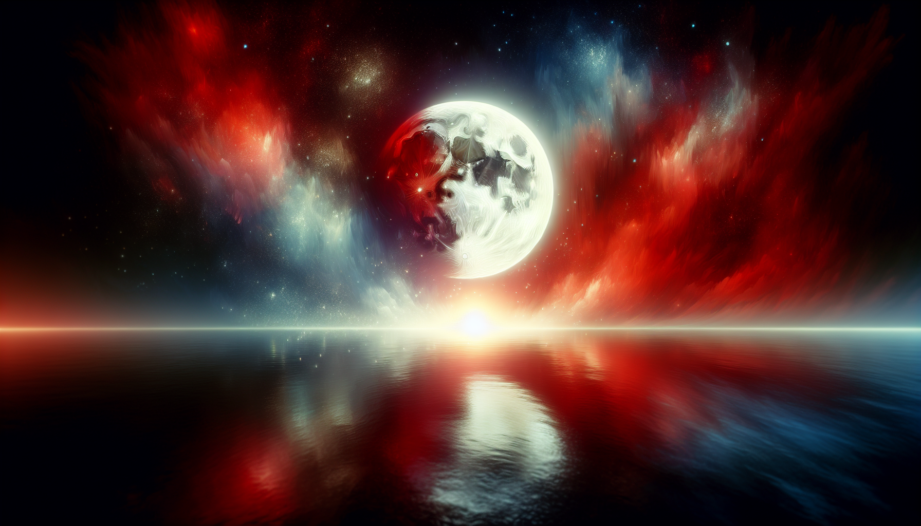 The Moon shining red and white, symbolizing tension between Mars and emotions.