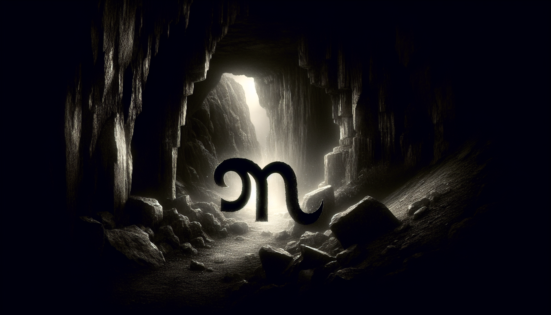 A dark cave entrance glowing with the Capricorn symbol carved in stone.