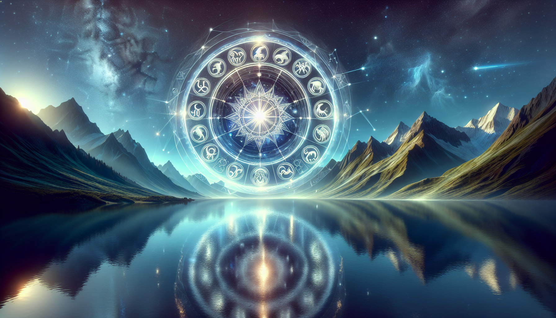 A glowing zodiac wheel spinning slowly over a mountain range.