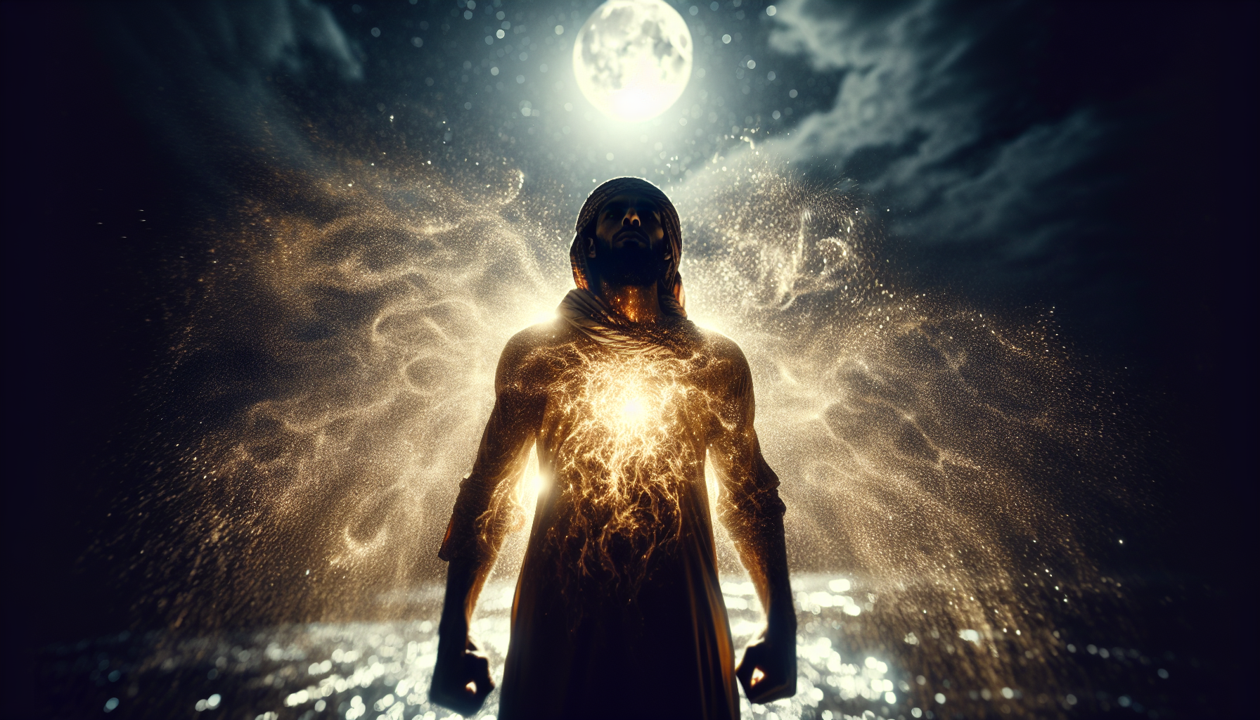 A person bathed in moonlight, their aura glowing with dark golden energy.