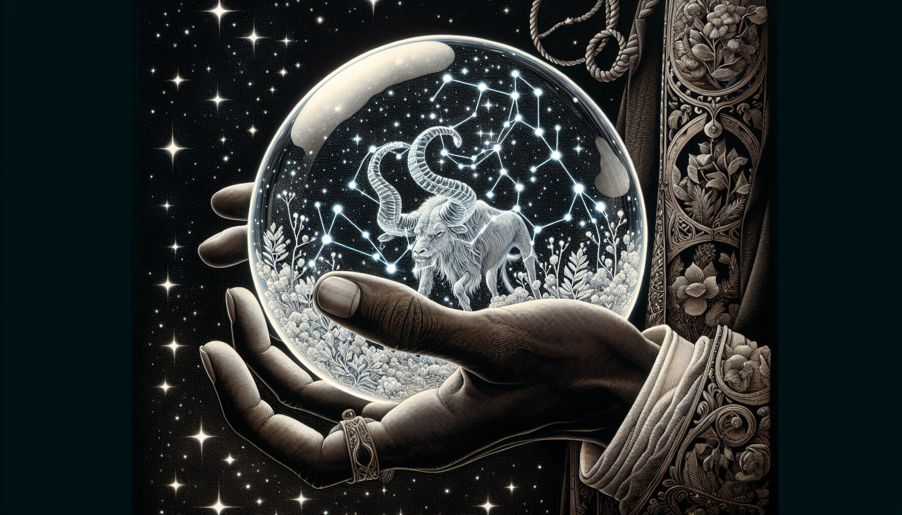 A hand holding a crystal orb showing the Capricorn constellation inside.