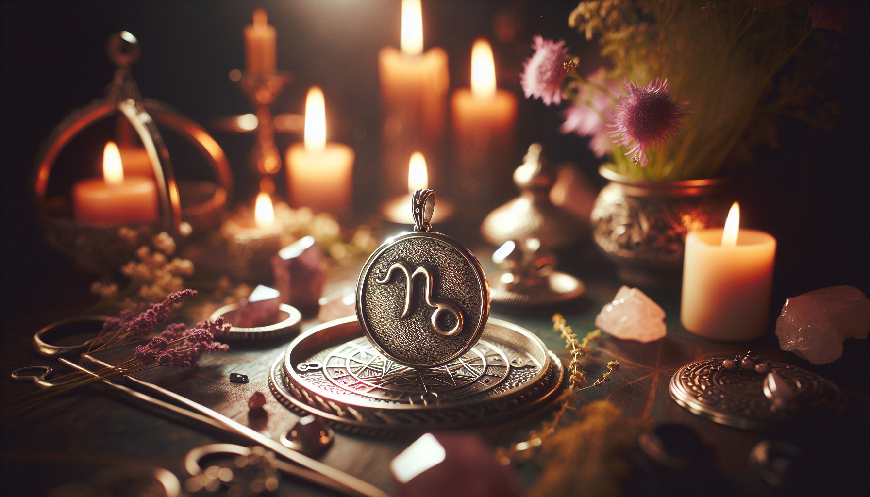 A candle-lit ritual altar with a silver Capricorn pendant.