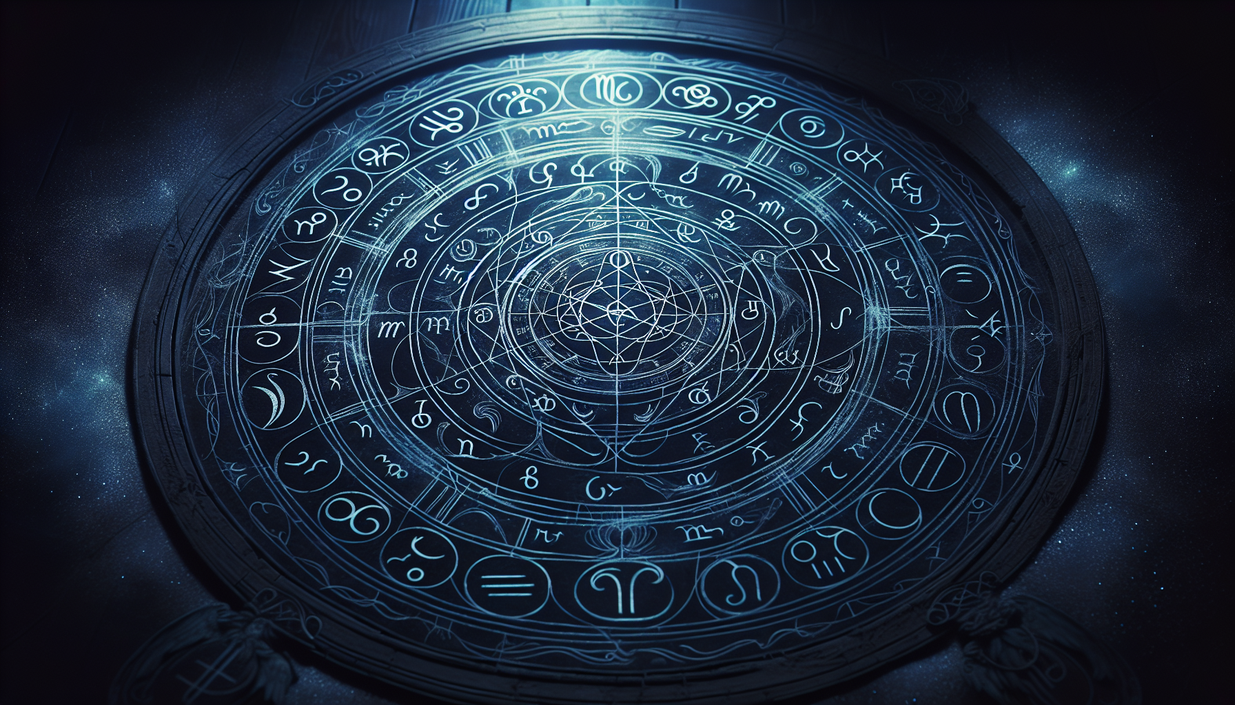 A dark ritual circle glowing with blue zodiac sigils.