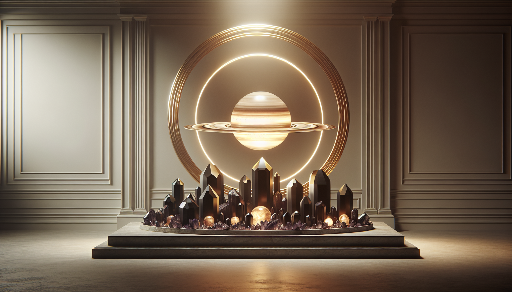 A golden Saturn orb floating above an altar of dark crystals.