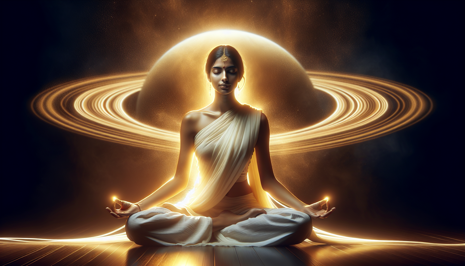 A person meditating as golden Saturn light surrounds them.