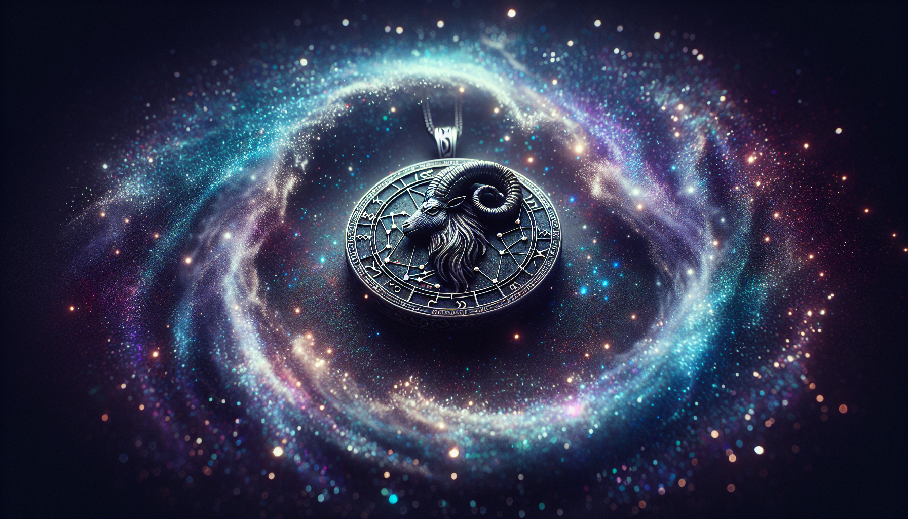 A Capricorn pendant levitating in a swirl of stardust.