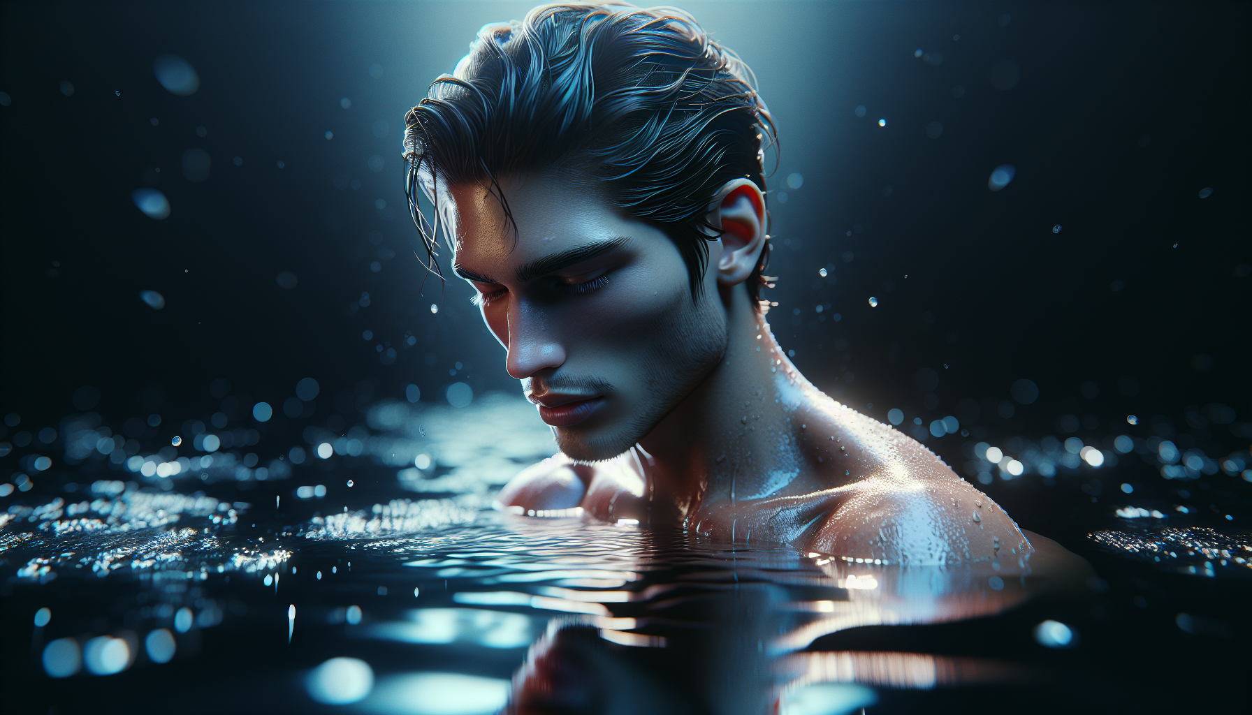 Make it look like the person is emerging from dark, reflective water, with the upper torso visible above the surface. The hairstyle stays perfectly in place, just slightly wet, as if gently touched by water. The body is well-defined, with realistic skin texture and fine water droplets on the face, shoulders, and chest. The lighting is soft bluish-violet, giving a cinematic but natural atmosphere. The background is strongly blurred (bokeh) to keep the focus on the subject, with subtle light reflections on the water. Use realistic lighting, natural shadows, and true-to-life skin details for a hyper-realistic photographic result. Ultra high resolution, portrait orientation, photo realism, professional photography, shallow depth of field.