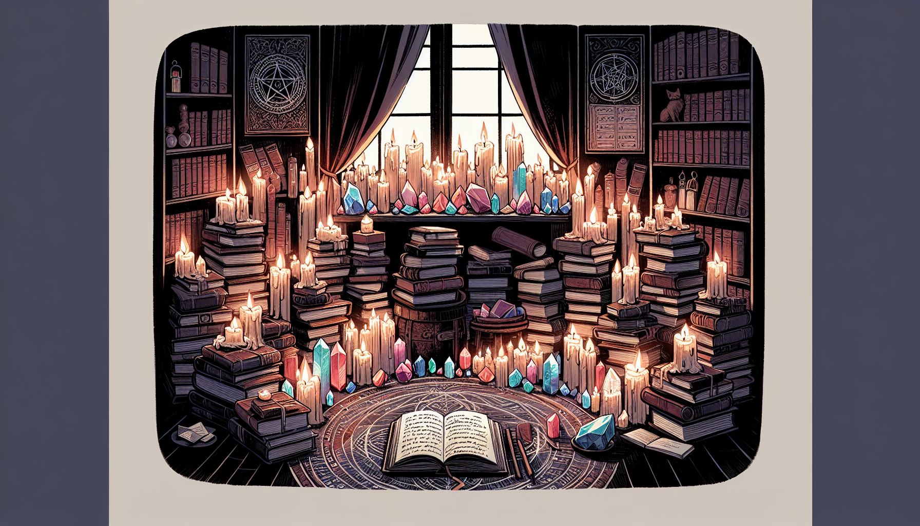 A shadowy room with candles, journals, and crystals for grounding rituals.